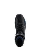 Alpinestars Faster-4 Drystar® Schuhe, Draufsicht auf schwarzen Motorradschuh, mit Akzenten in Black Night Navy Cyan, Schnürverschluss mit Klettverschlussriemen, wasserdichte Mikrofaser-Konstruktion, sportliche Motorradschuhe für die Straße