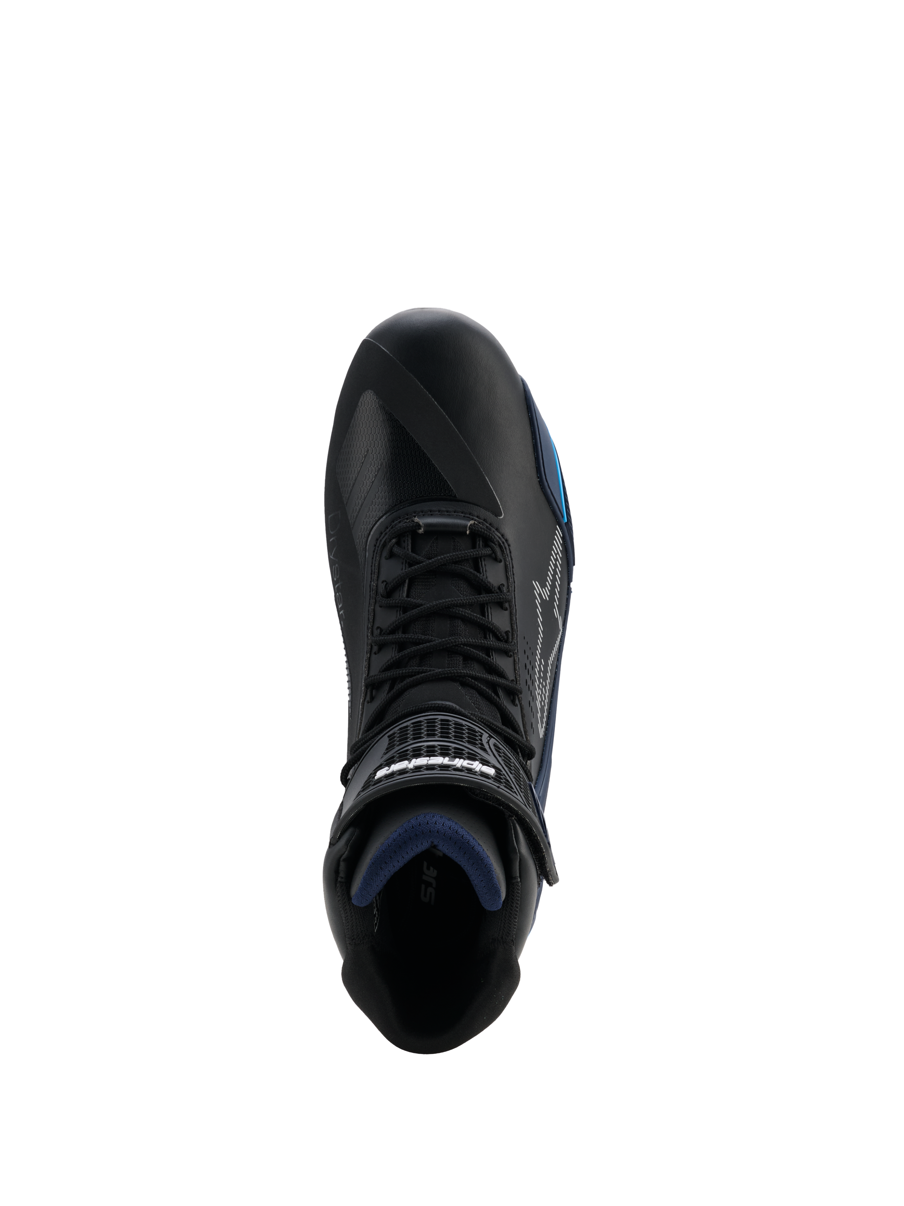 Alpinestars Faster-4 Drystar® Schuhe, Draufsicht auf schwarzen Motorradschuh, mit Akzenten in Black Night Navy Cyan, Schnürverschluss mit Klettverschlussriemen, wasserdichte Mikrofaser-Konstruktion, sportliche Motorradschuhe für die Straße