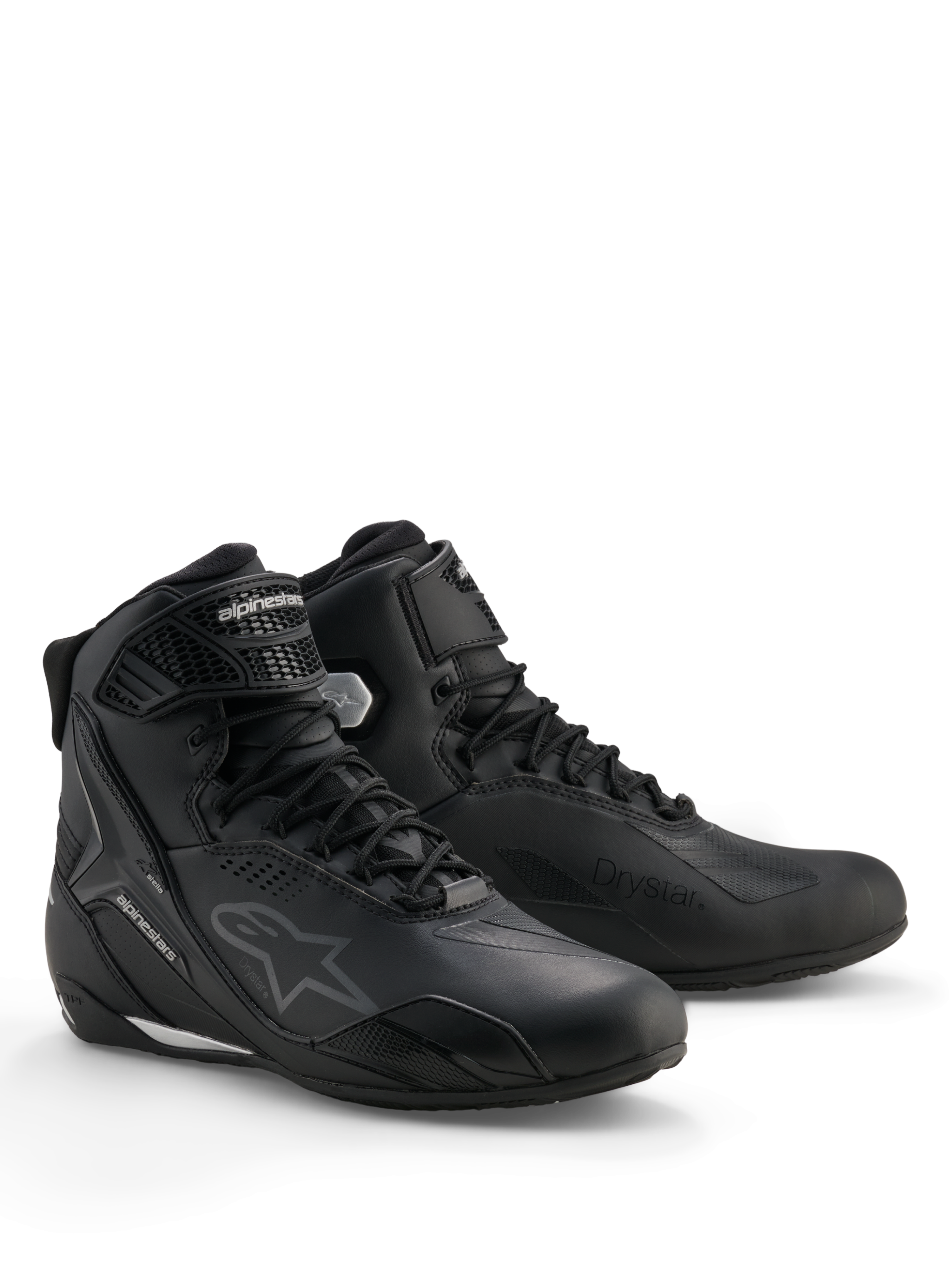 Alpinestars Stella Faster-4 Drystar® Schuhe, Wasserdichte Damen-Motorradschuhe, Schwarz und Silber, Mikrofaser-Obermaterial mit Schnürverschluss und Knöchelriemen, schützende TPU-Verstärkungen und Alpinestars-Branding.