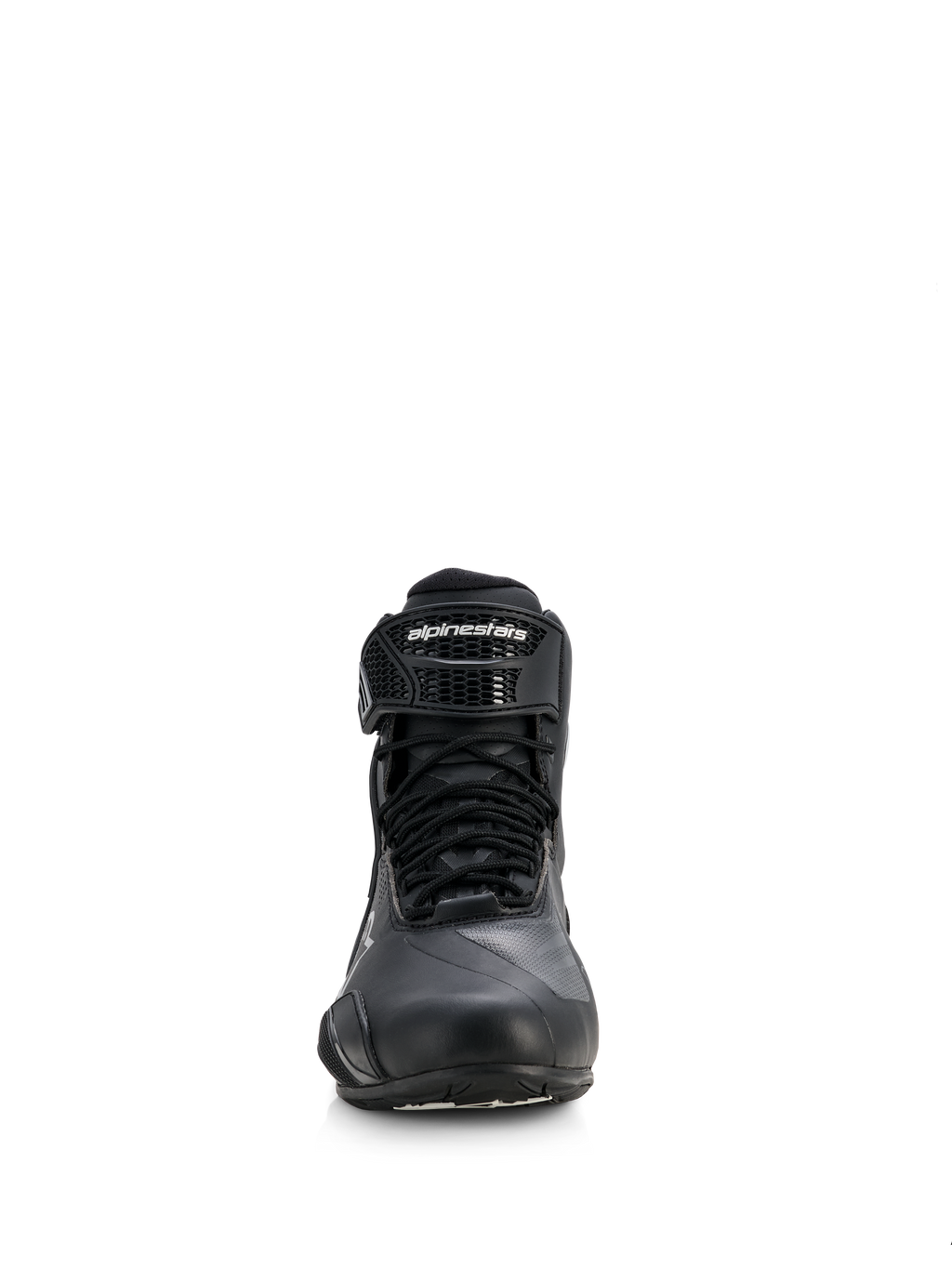 Alpinestars Stella Faster-4 Drystar® Damen-Schuhe, Motorradschuhe, Schwarz mit silbernen Akzenten, Vorderansicht mit Schnürverschluss und Klettverschluss am Knöchel mit Markenlogo, schlankes wasserdichtes Design für Sport- und Straßenfahrten