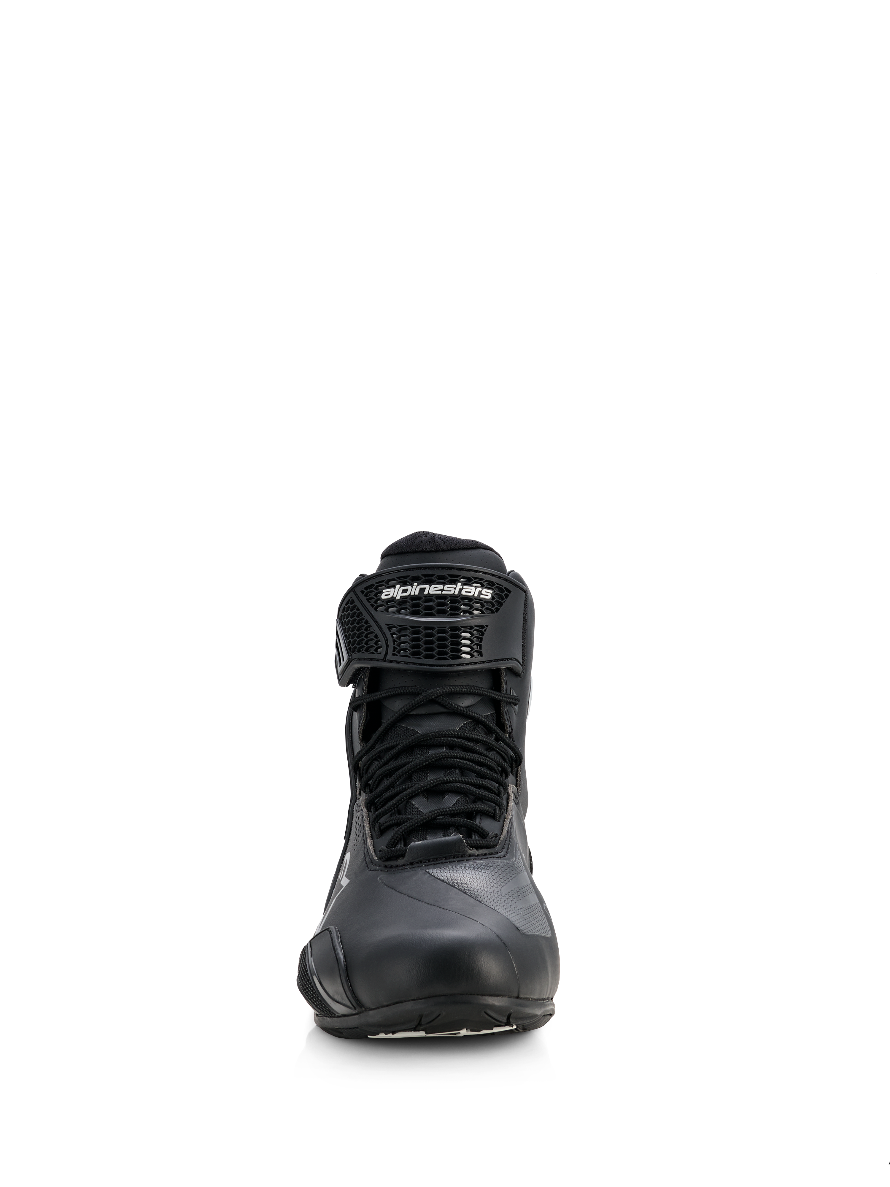 Alpinestars Stella Faster-4 Drystar® Damen-Schuhe, Motorradschuhe, Schwarz mit silbernen Akzenten, Vorderansicht mit Schnürverschluss und Klettverschluss am Knöchel mit Markenlogo, schlankes wasserdichtes Design für Sport- und Straßenfahrten