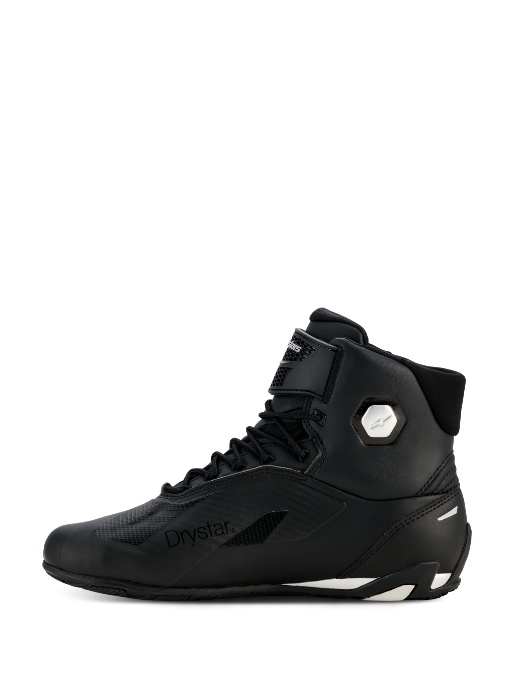 Alpinestars Stella Faster-4 Drystar® Damen-Schuhe, Schwarz und Silber, seitliche Profilansicht, wasserdichte Motorradschuhe mit Mikrofaser-Obermaterial, Schnürverschluss und Klettverschluss, mit Drystar-Branding und silbernem Knöchel-Logo.