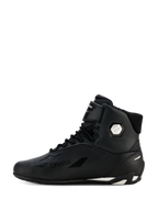 Alpinestars Stella Faster-4 Drystar® Damen-Schuhe, Schwarz und Silber, seitliche Profilansicht, wasserdichte Motorradschuhe mit Mikrofaser-Obermaterial, Schnürverschluss und Klettverschluss, mit Drystar-Branding und silbernem Knöchel-Logo.