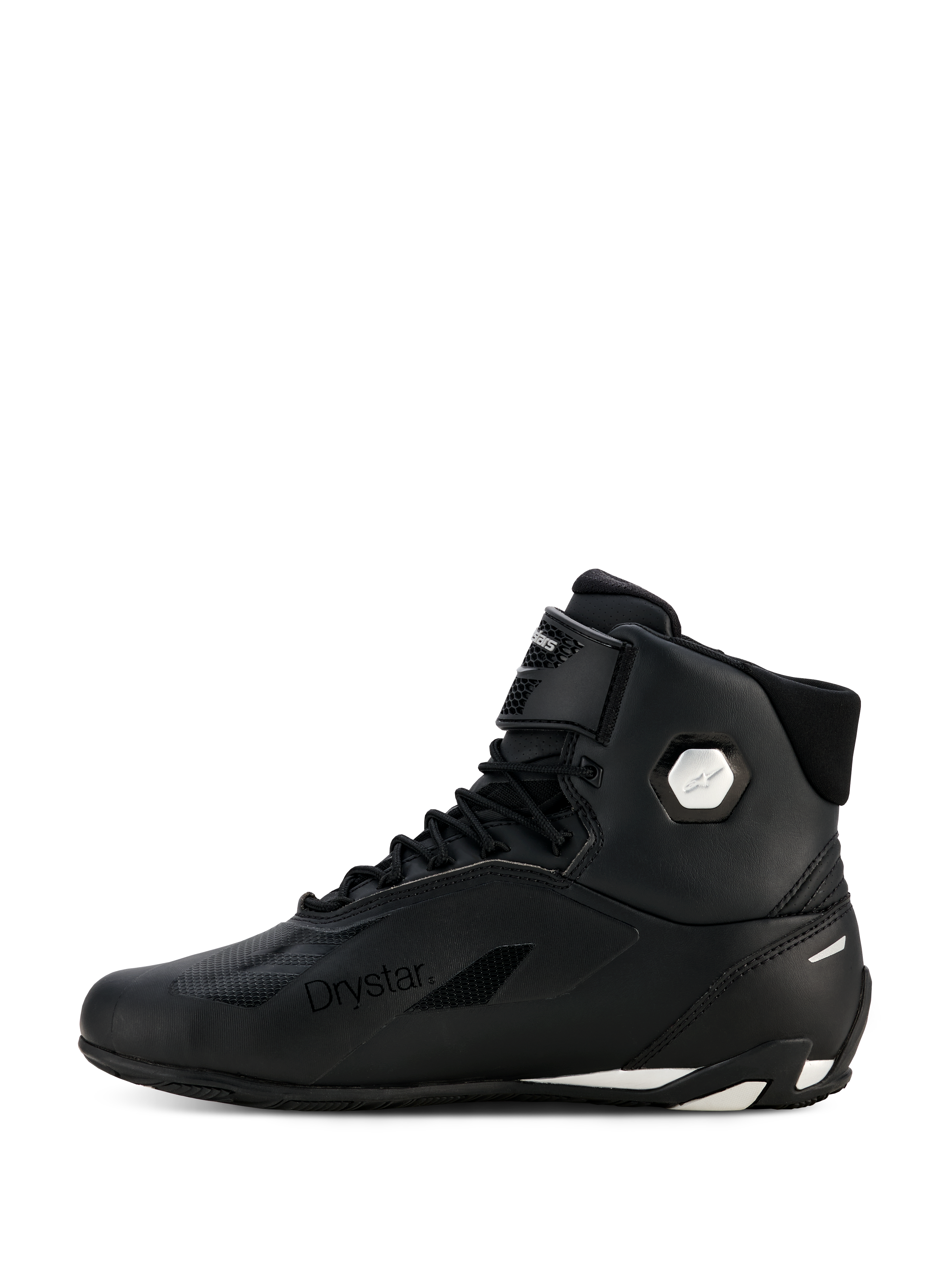 Alpinestars Stella Faster-4 Drystar® Damen-Schuhe, Schwarz und Silber, seitliche Profilansicht, wasserdichte Motorradschuhe mit Mikrofaser-Obermaterial, Schnürverschluss und Klettverschluss, mit Drystar-Branding und silbernem Knöchel-Logo.