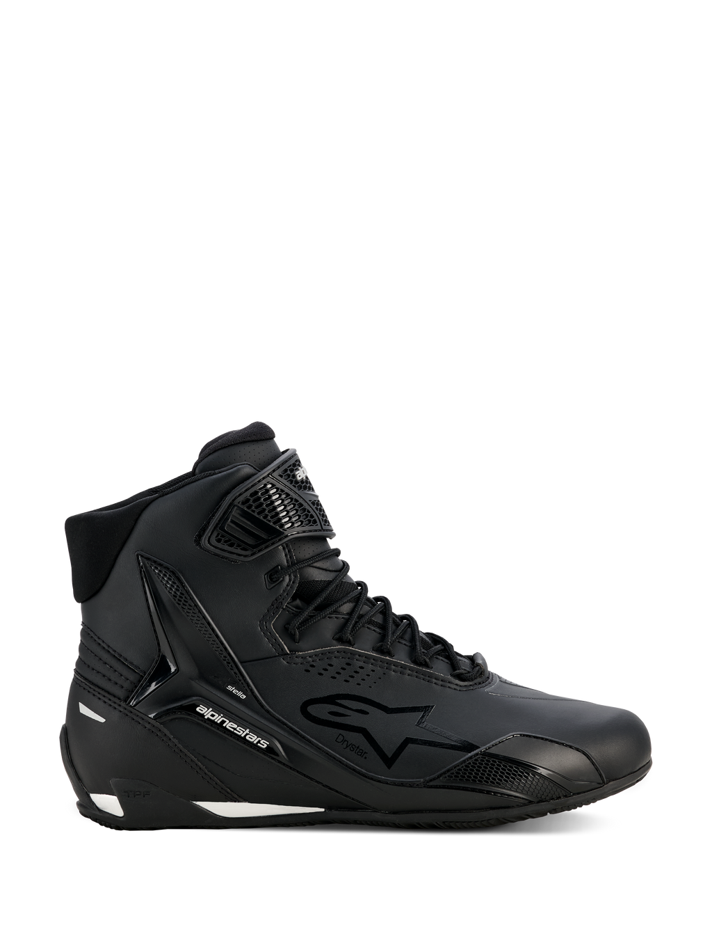 Alpinestars Stella Faster-4 Drystar® Schuhe, Damen-Motorradschuhe, Schwarz und Silber, High-Top-Design, Schnürverschluss mit Klettverschluss am Knöchel, nahtloses Mikrofaser-Obermaterial, wasserdichte Technologie, weiße Akzente an Sohle und Ferse