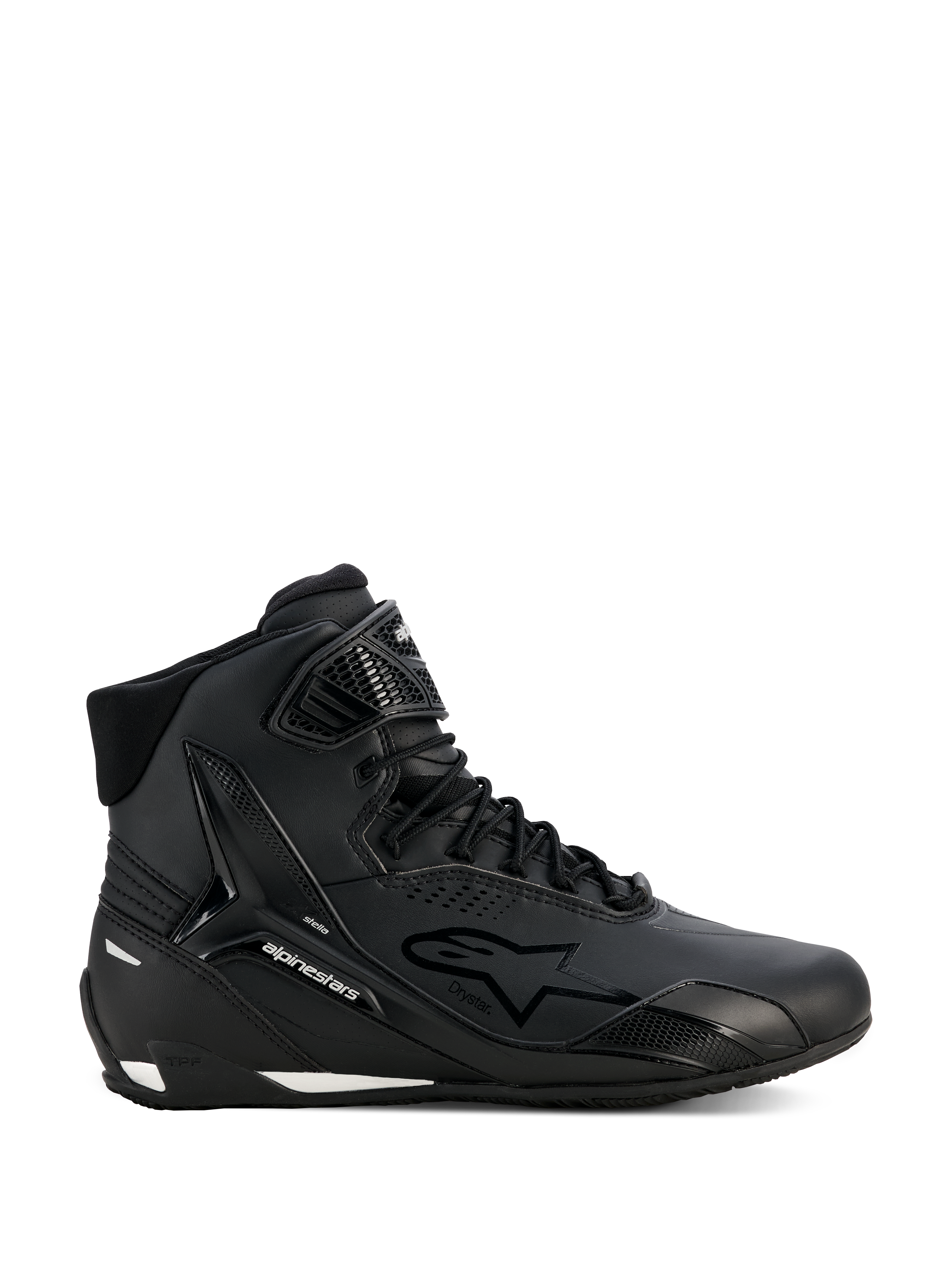 Alpinestars Stella Faster-4 Drystar® Schuhe, Damen-Motorradschuhe, Schwarz und Silber, High-Top-Design, Schnürverschluss mit Klettverschluss am Knöchel, nahtloses Mikrofaser-Obermaterial, wasserdichte Technologie, weiße Akzente an Sohle und Ferse