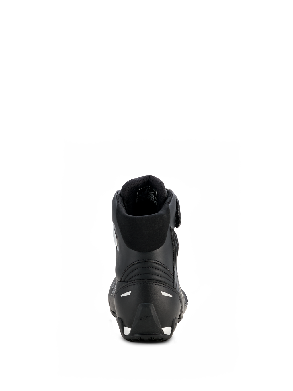 Alpinestars Stella Faster-4 Drystar® Damenschuhe, Schwarz und Silber, Rückansicht mit verstärkter Ferse und silbernen Akzenten, gepolstertem Kragen und wasserdichtem Mikrofaser-Design