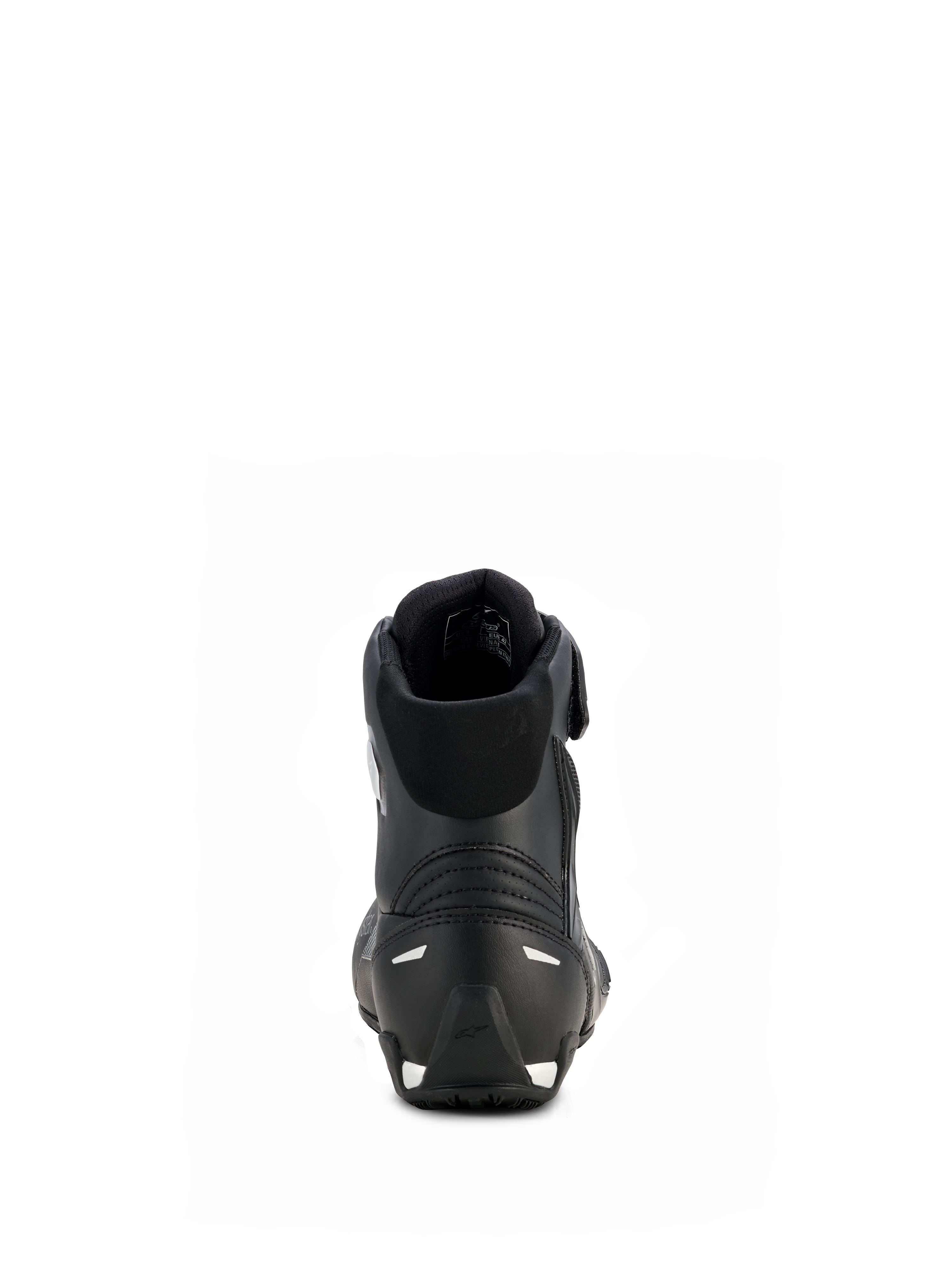 Alpinestars Stella Faster-4 Drystar® Damenschuhe, Schwarz und Silber, Rückansicht mit verstärkter Ferse und silbernen Akzenten, gepolstertem Kragen und wasserdichtem Mikrofaser-Design