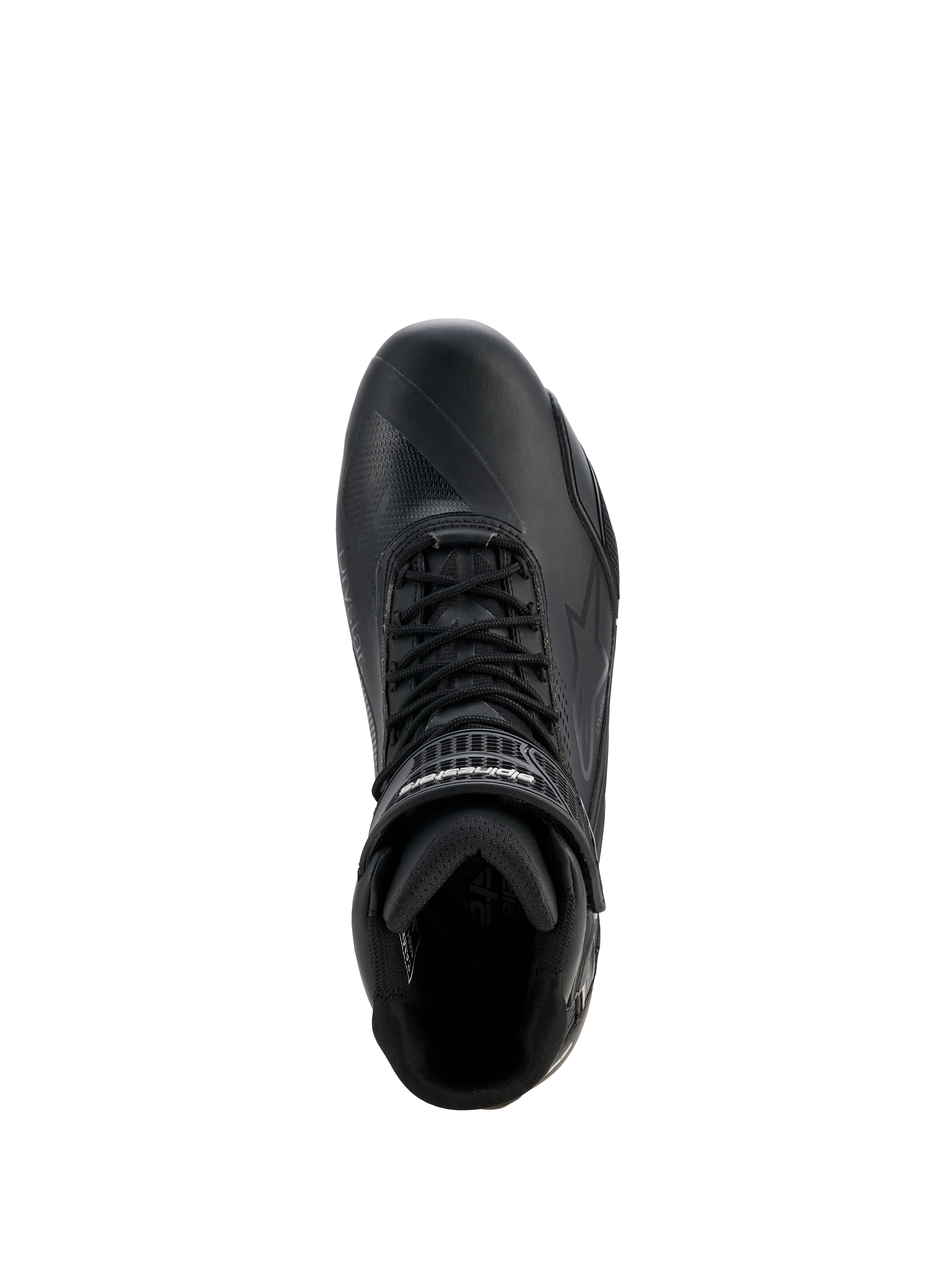 Alpinestars Stella Faster-4 Drystar® Damen-Schuhe, Motorradschuhe für Damen, Schwarz und Silber, Ansicht von oben mit Schnürverschluss, Klettverschluss-Knöchelriemen und wasserdichter Mikrofaser-Konstruktion
