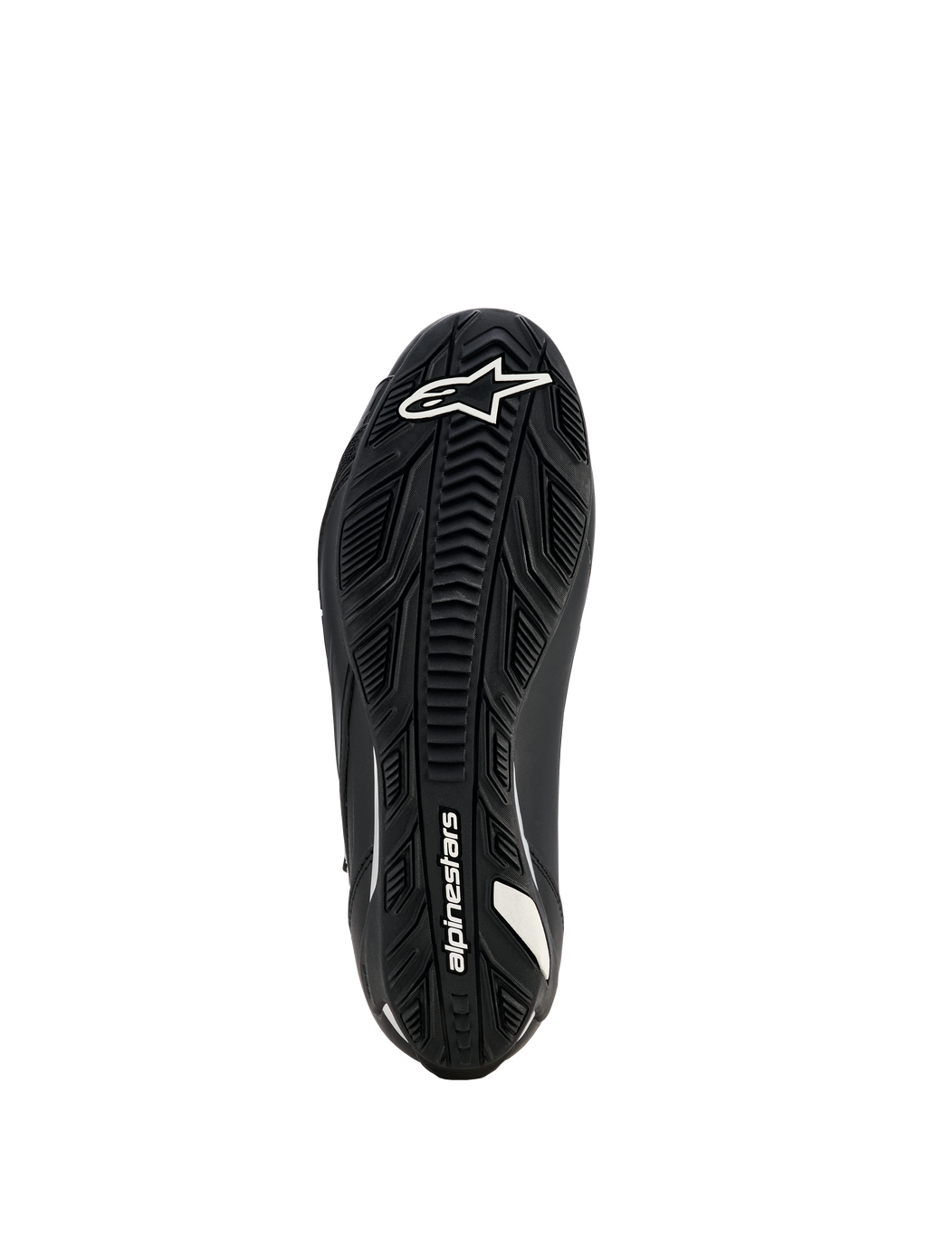 Alpinestars Damen Stella Faster-4 Drystar Schuhe, Motorradschuhe, Schwarz, Sohlenansicht mit strukturierter Gummiaußensohle, weißem Alpinestars-Logo und Branding, entwickelt für hervorragenden Grip und Langlebigkeit.