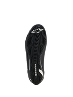 Alpinestars Damen Stella Faster-4 Drystar Schuhe, Motorradschuhe, Schwarz, Sohlenansicht mit strukturierter Gummiaußensohle, weißem Alpinestars-Logo und Branding, entwickelt für hervorragenden Grip und Langlebigkeit.
