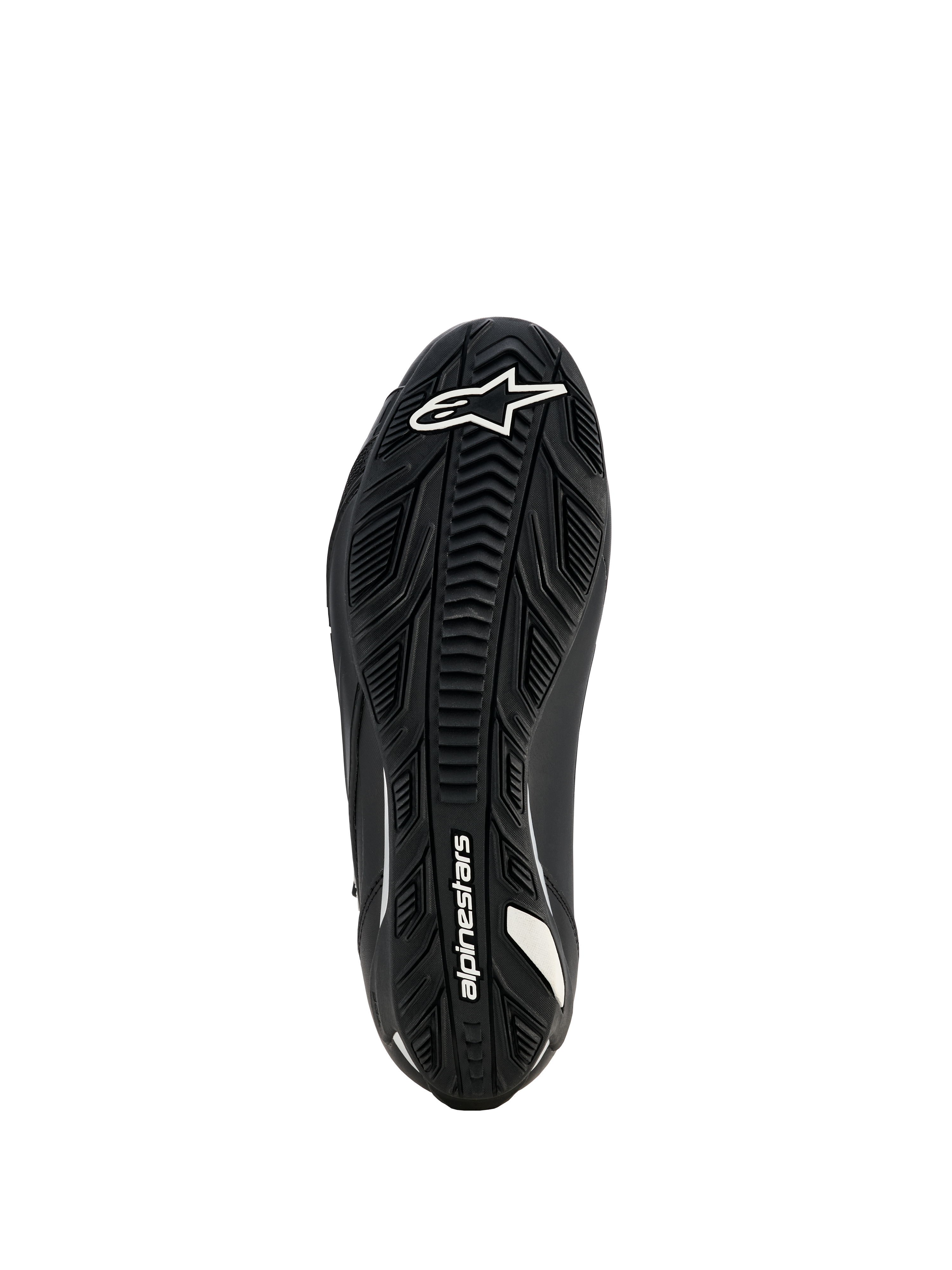 Alpinestars Damen Stella Faster-4 Drystar Schuhe, Motorradschuhe, Schwarz, Sohlenansicht mit strukturierter Gummiaußensohle, weißem Alpinestars-Logo und Branding, entwickelt für hervorragenden Grip und Langlebigkeit.