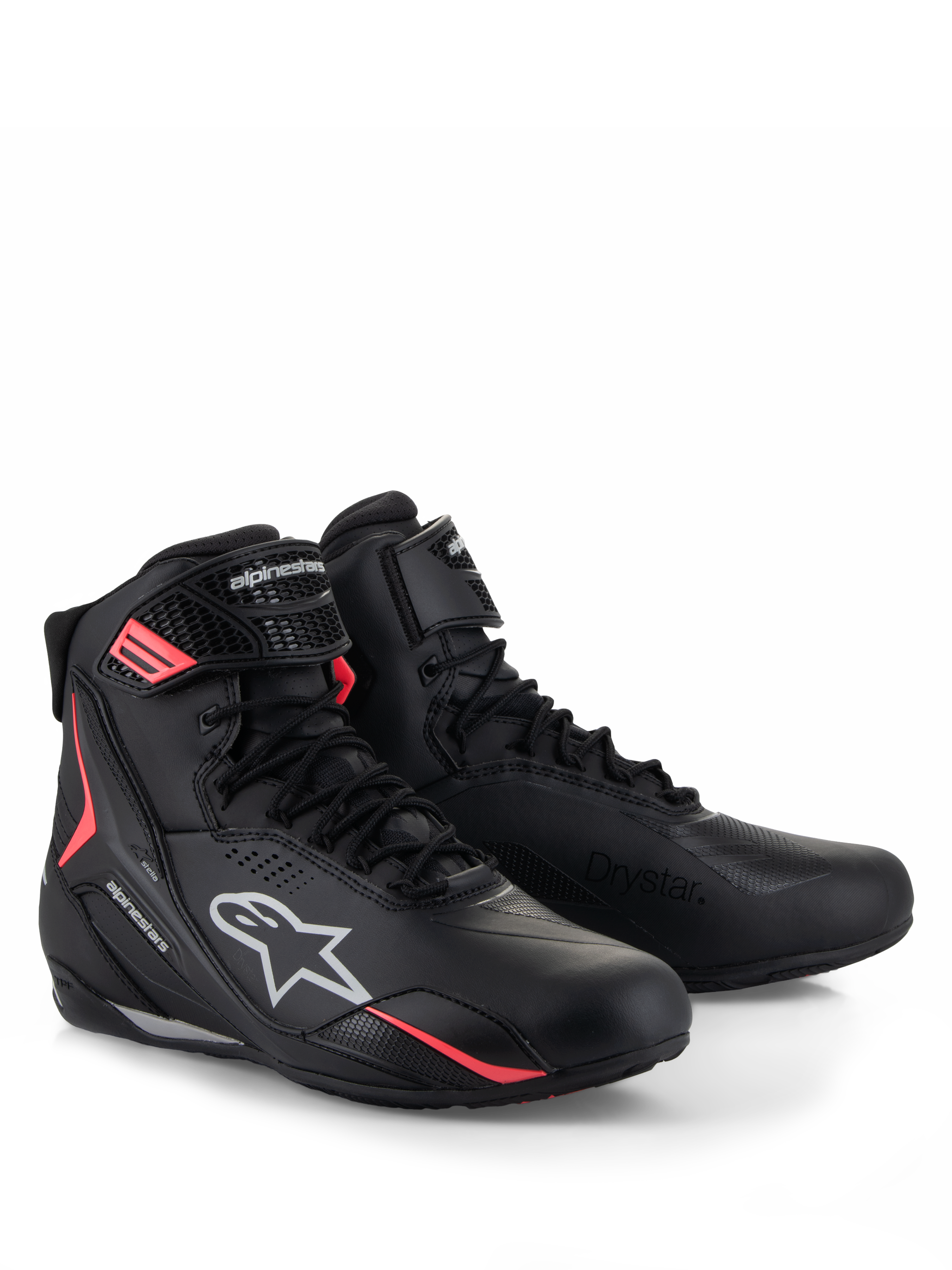 Alpinestars Stella Faster-4 Drystar® Shoes, Women's Motorcycle Riding Shoes, Black Gray and Coral Fluo, featuring waterproof Drystar® technology, lace-up closure with secure hook-and-loop strap, and vibrant coral accents with white Alpinestars branding