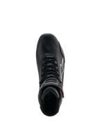 Alpinestars Woman Stella Faster-4 Drystar® Shoes, Motorcycle Riding Shoes, Black Gray and Coral Fluo, top-down view showing lacing system and hook-and-loop ankle strap, sleek microfiber design with waterproof Drystar® technology