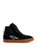 Alpinestars Stated Waterproof Shoes, Black High-Top Riding Sneakers, Suede and Knitted Construction, White Alpinestars Logo, Speckled Brown Gum Vulcanized Sole, Urban Motorcycle Footwear, Modern Skate-Inspired Design