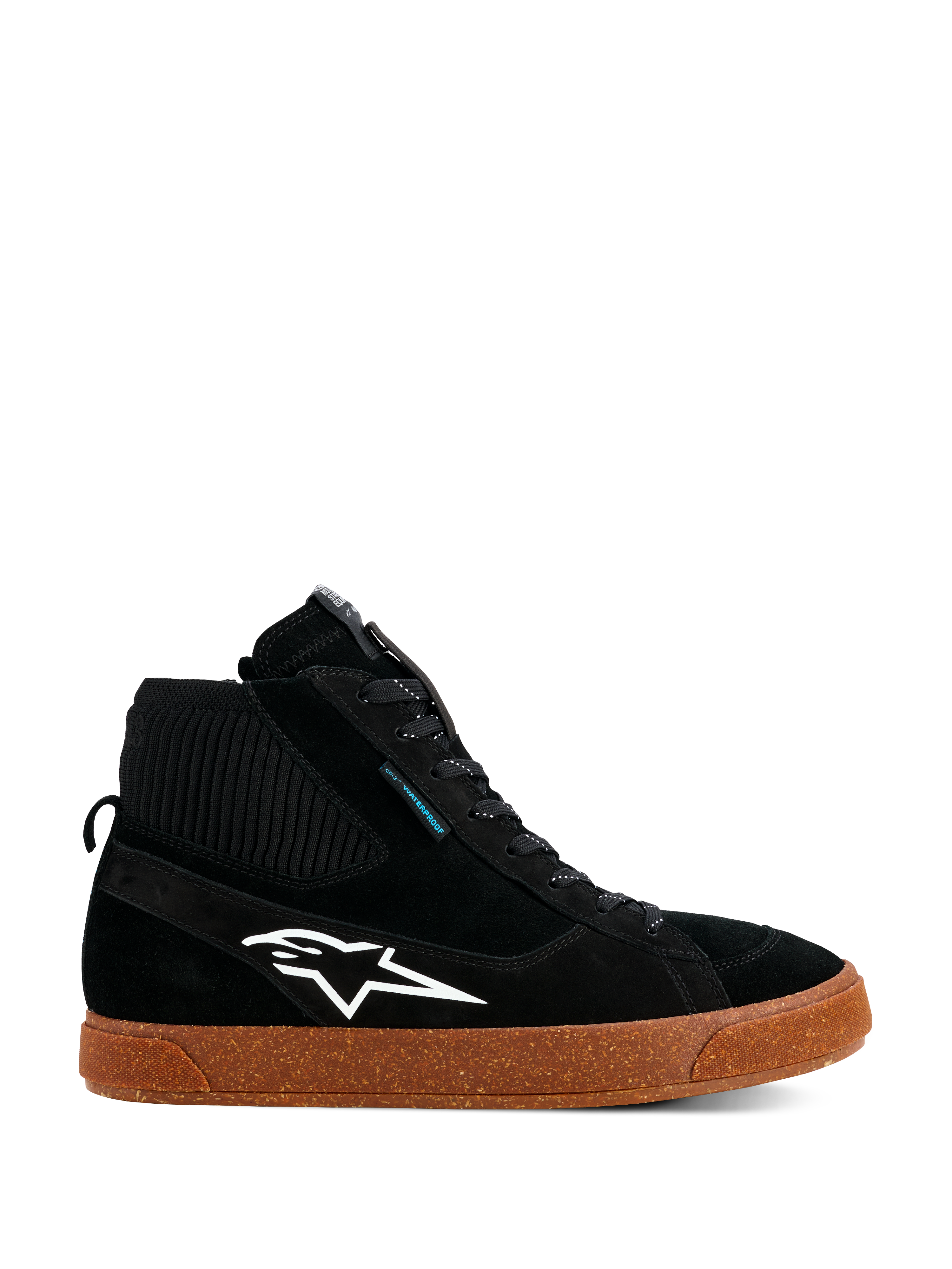 Alpinestars Stated Wasserdichte Schuhe, Schwarze High-Top Riding-Sneaker, Wildleder- und Strickkonstruktion, Weißes Alpinestars-Logo, Braune gesprenkelte vulkanisierte Gummisohle, Urbanes Motorrad-Schuhwerk, Modernes Skate-inspiriertes Design