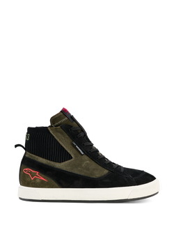 Alpinestars Stated Waterproof Shoes, High-top motorcycle riding sneakers, Military Green and Black suede construction, Off-White vulcanized rubber sole, Red star logo on heel, Black ribbed ankle collar, Urban street-inspired design