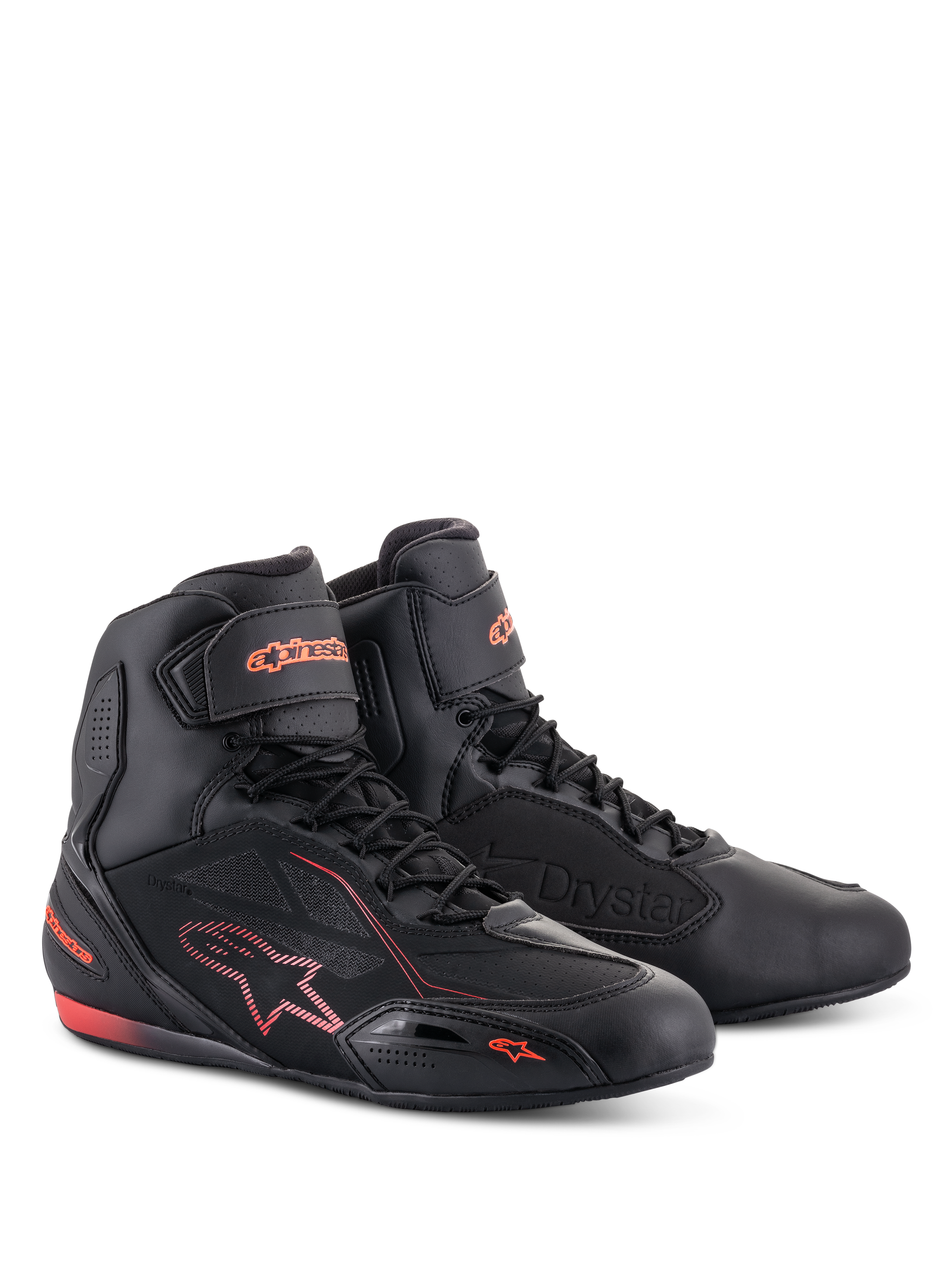 Alpinestars Faster-3 Drystar® Schuhe, Motorradschuhe, Schwarz und Fluo-Rot, mit hohem Profil, Schnürverschluss und Knöchelriemen, Mikrofaser-Konstruktion mit fluoreszierend roten Logos und Akzenten.