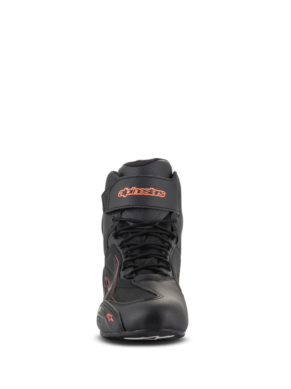 Alpinestars Faster-3 Drystar® Schuhe, Schwarz und Rot Fluo, Vorderansicht, wasserdichter Motorradschuh mit Mikrofaser-Konstruktion, Schnürsystem mit Klettverschluss am Knöchel, fluoreszierendes Logo-Branding