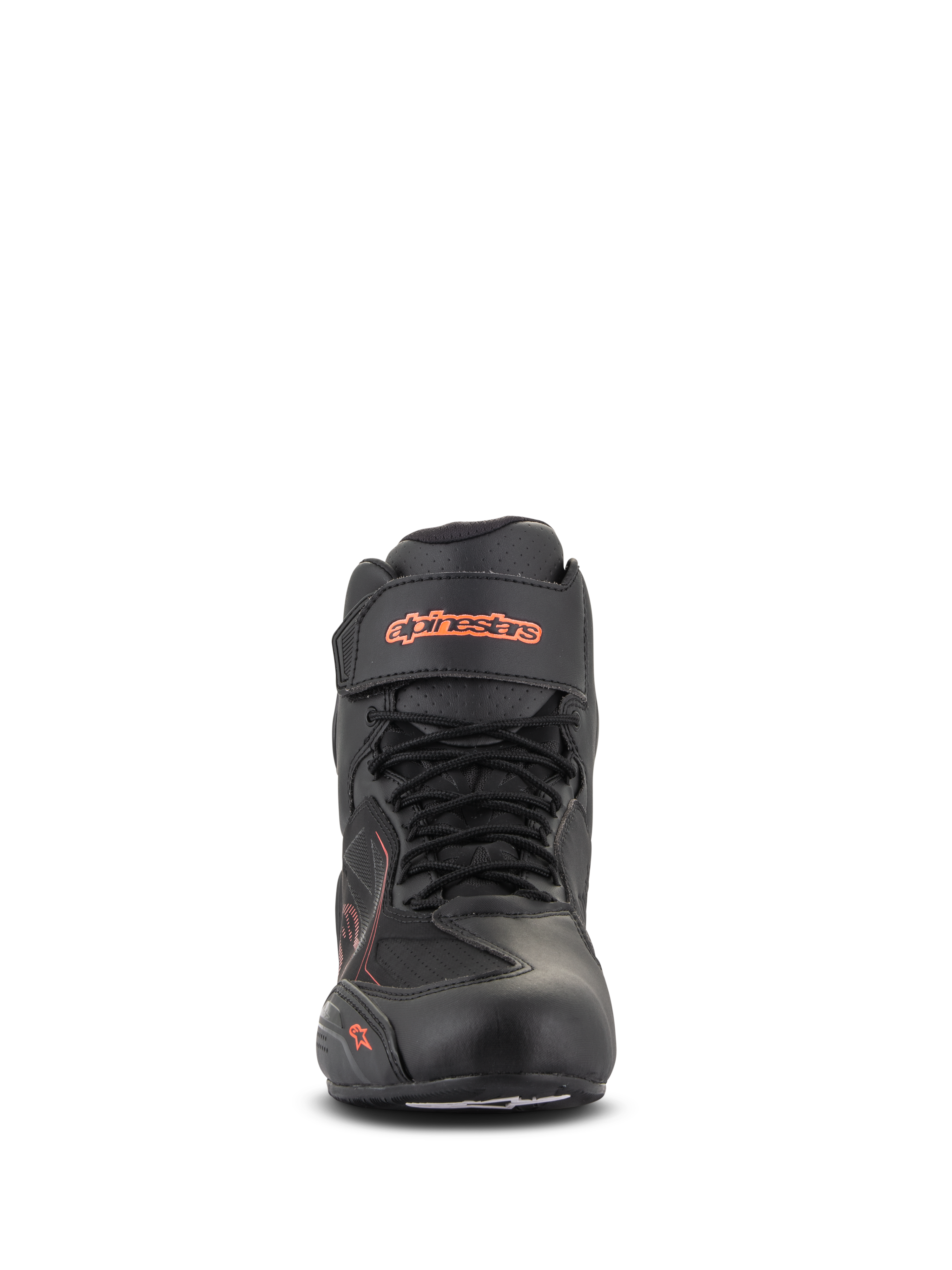 Alpinestars Faster-3 Drystar® Schuhe, Schwarz und Rot Fluo, Vorderansicht, wasserdichter Motorradschuh mit Mikrofaser-Konstruktion, Schnürsystem mit Klettverschluss am Knöchel, fluoreszierendes Logo-Branding