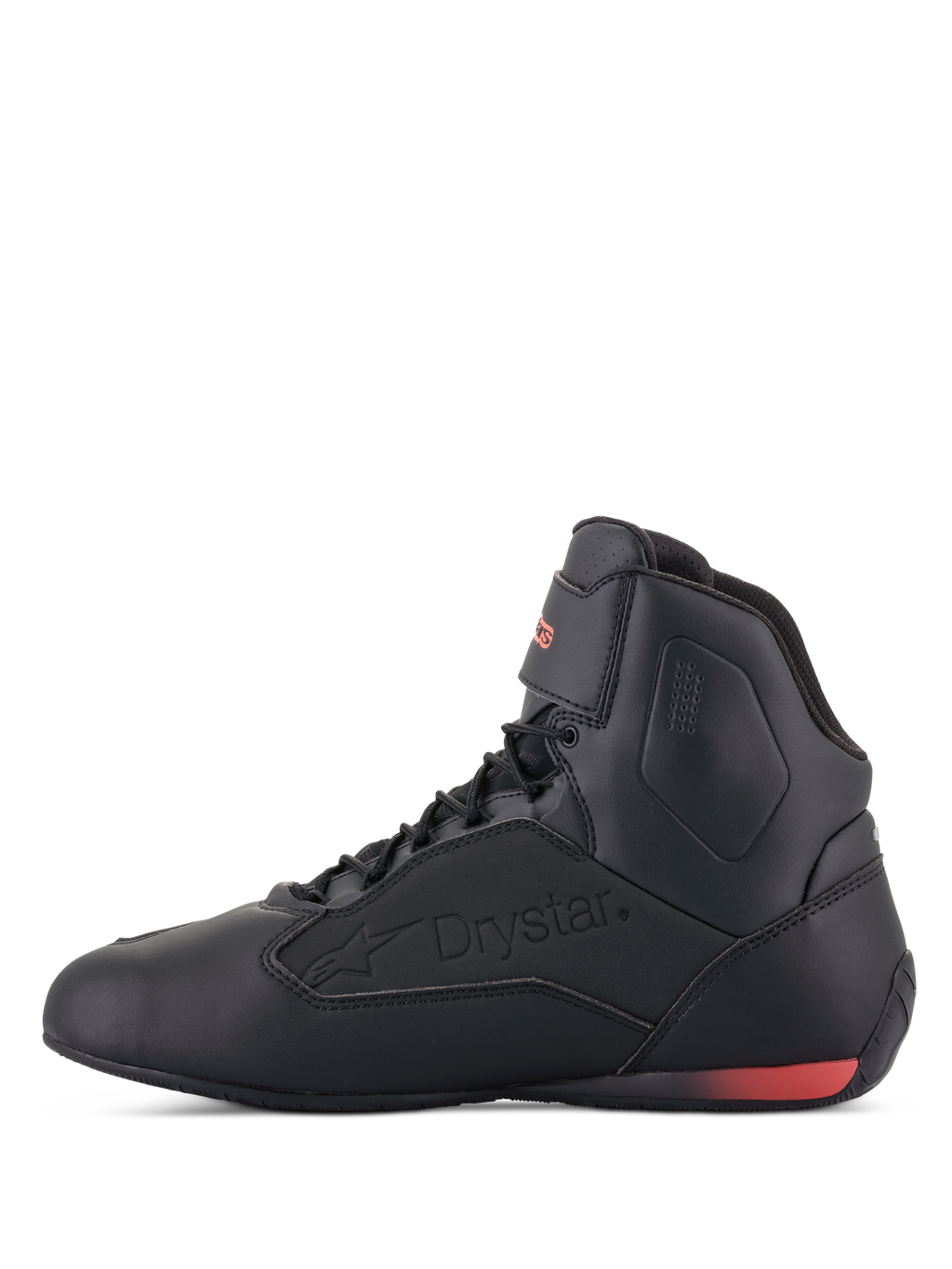 Alpinestars Faster-3 Drystar® Schuhe, Motorradschuhe, Schwarz und Rot Fluo, Seitenansicht mit geprägtem Drystar-Logo und fluoreszierendem rotem Fersenakzent, schlankes Mikrofaser-Chassis für Stadt- und Straßenfahrten