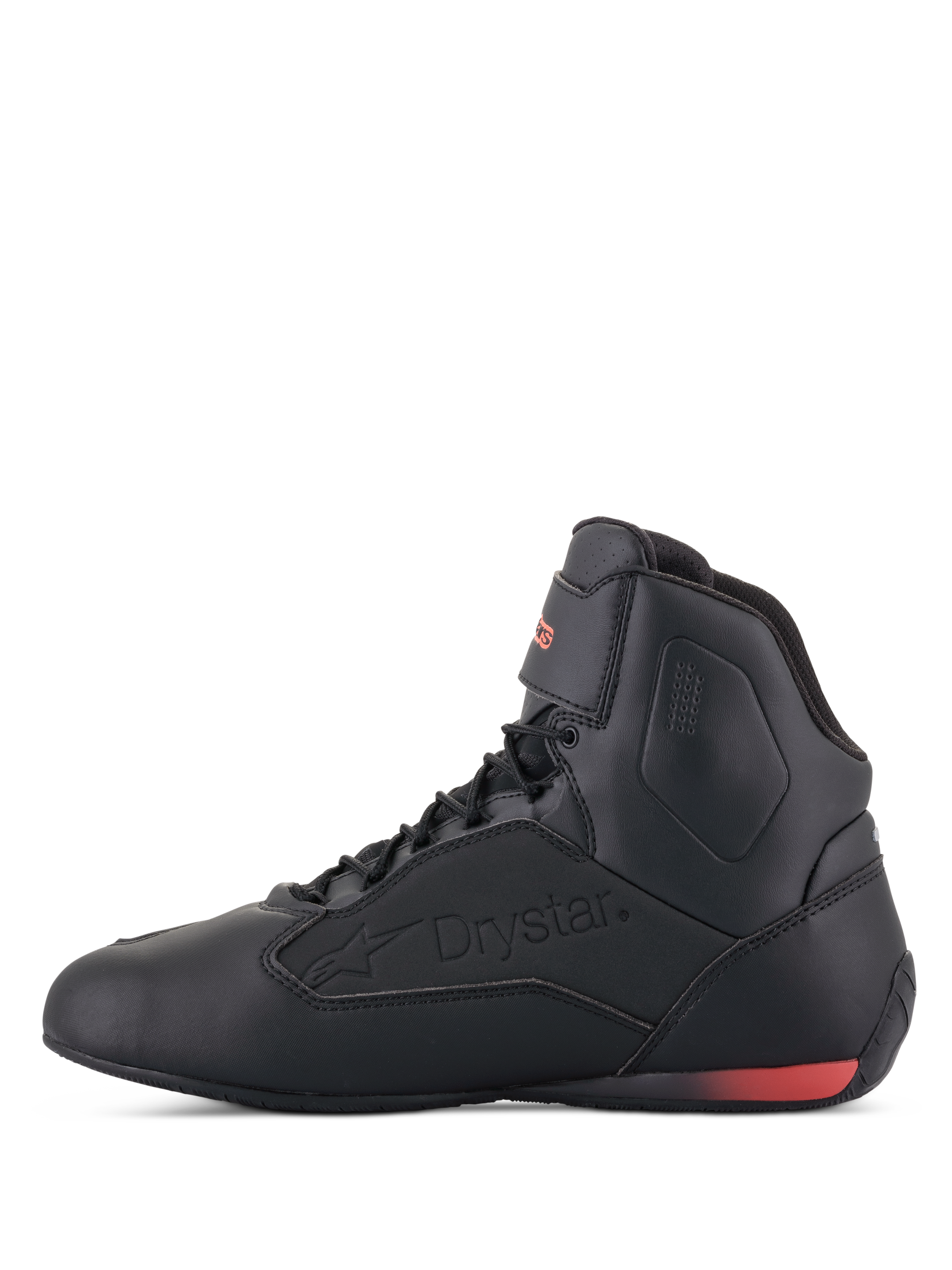Alpinestars Faster-3 Drystar® Schuhe, Motorradschuhe, Schwarz und Rot Fluo, Seitenansicht mit geprägtem Drystar-Logo und fluoreszierendem rotem Fersenakzent, schlankes Mikrofaser-Chassis für Stadt- und Straßenfahrten