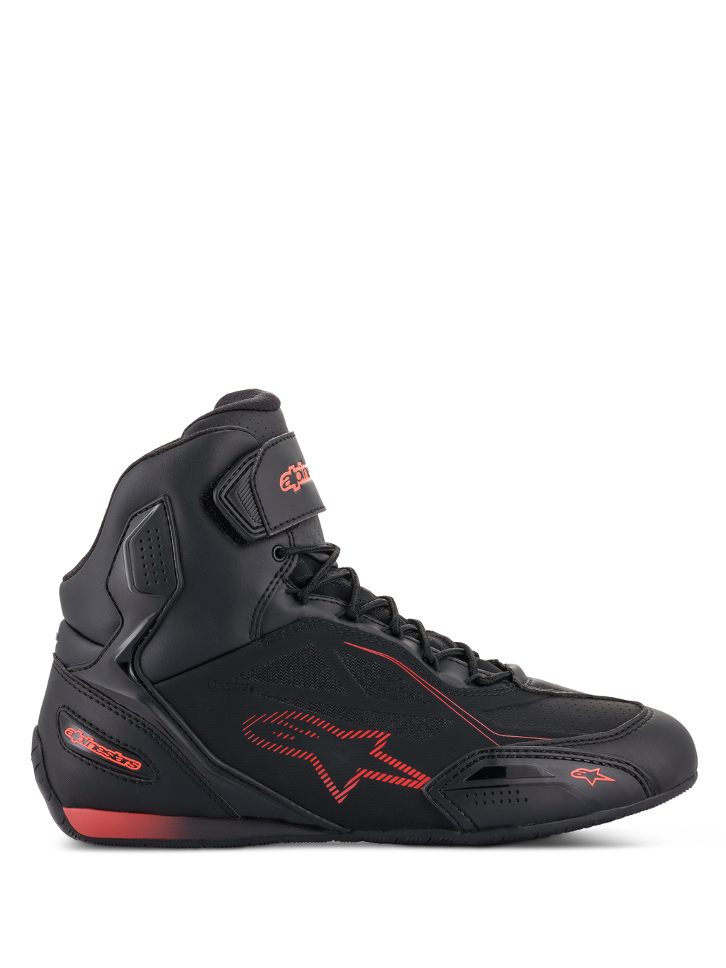 Alpinestars Faster-3 Drystar Schuhe, Motorradschuhe in Schwarz und Fluo-Rot, Seitenansicht, High-Top-Sneaker-Stil mit leichtem Mikrofaser-Chassis, wasserdichte Drystar-Membran, rotes Stern-Logo und Branding, Klettverschluss am Knöchel, perforierte Details für Atmungsaktivität.