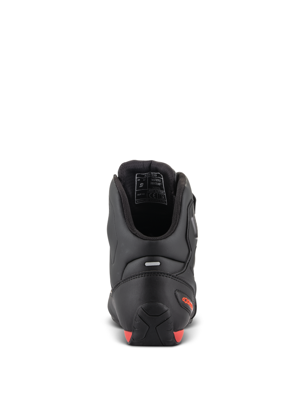 Alpinestars Faster-3 Drystar® Schuhe, Motorradschuhe, Rückansicht mit Ferse und Knöchel, schwarze Mikrofaser mit leuchtroten Akzenten, Reflektorstreifen für bessere Sichtbarkeit, sportlich inspirierte Schutzausrüstung für Straße und Stadt.