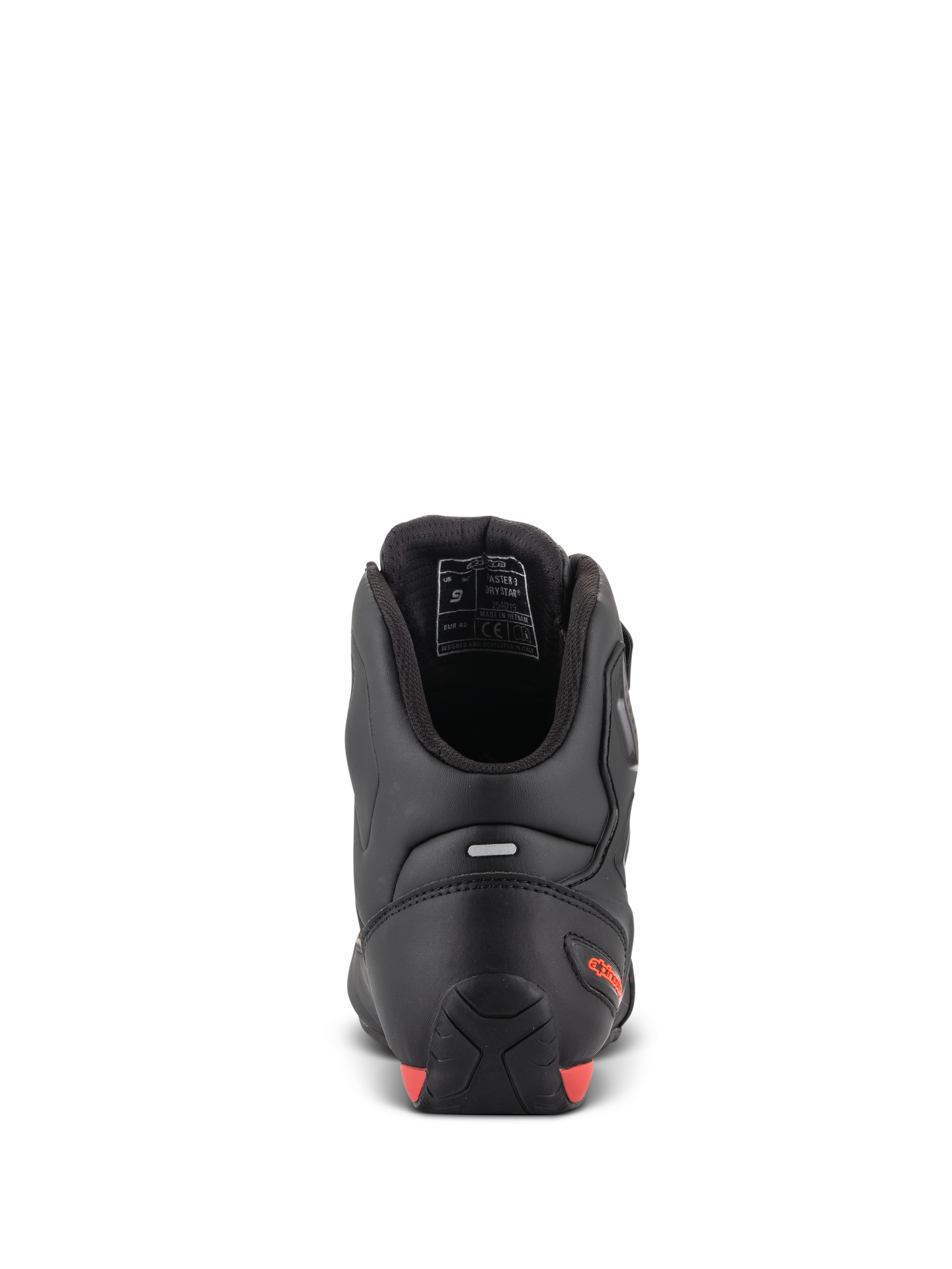 Alpinestars Faster-3 Drystar® Schuhe, Motorradschuhe, Rückansicht mit Ferse und Knöchel, schwarze Mikrofaser mit leuchtroten Akzenten, Reflektorstreifen für bessere Sichtbarkeit, sportlich inspirierte Schutzausrüstung für Straße und Stadt.