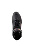Alpinestars Faster-3 Drystar® Schuhe, Motorradschuhe, Schwarz mit Red Fluo Akzenten, Draufsicht mit Schnürsenkeln und Knöchelriemen, technische Mikrofaser-Konstruktion