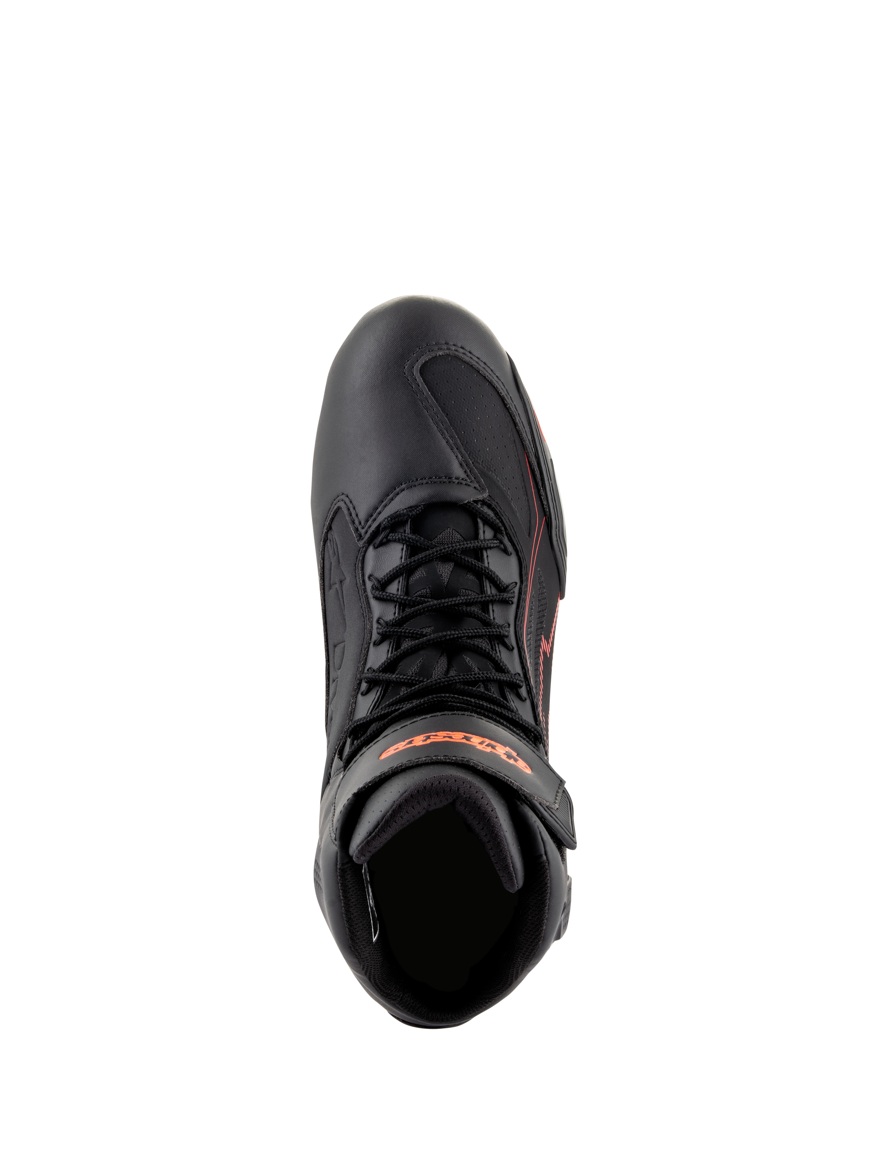 Alpinestars Faster-3 Drystar® Schuhe, Motorradschuhe, Schwarz mit Red Fluo Akzenten, Draufsicht mit Schnürsenkeln und Knöchelriemen, technische Mikrofaser-Konstruktion