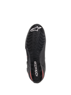 Alpinestars Faster-3 Drystar® Schuhe, Motorradschuhe, Schwarz und Fluo-Rot, Unterseitenansicht der Sohle, strukturierte Gummiaußensohle mit wellenförmigem Profilmuster, mit weißem Alpinestars-Stern und Wortmarken-Logo, wasserfestes Performance-Schuhwerk
