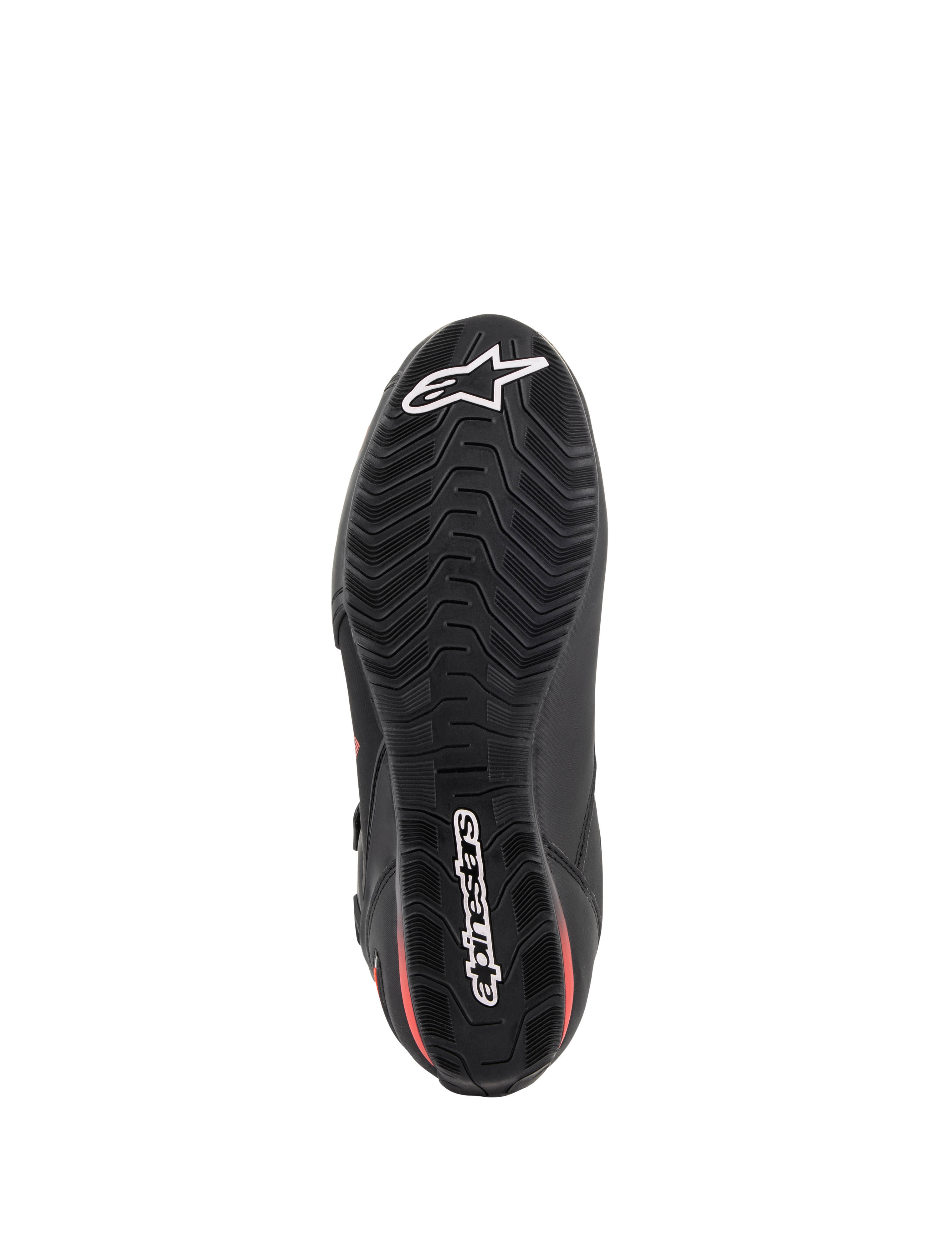 Alpinestars Faster-3 Drystar® Schuhe, Motorradschuhe, Schwarz und Fluo-Rot, Unterseitenansicht der Sohle, strukturierte Gummiaußensohle mit wellenförmigem Profilmuster, mit weißem Alpinestars-Stern und Wortmarken-Logo, wasserfestes Performance-Schuhwerk