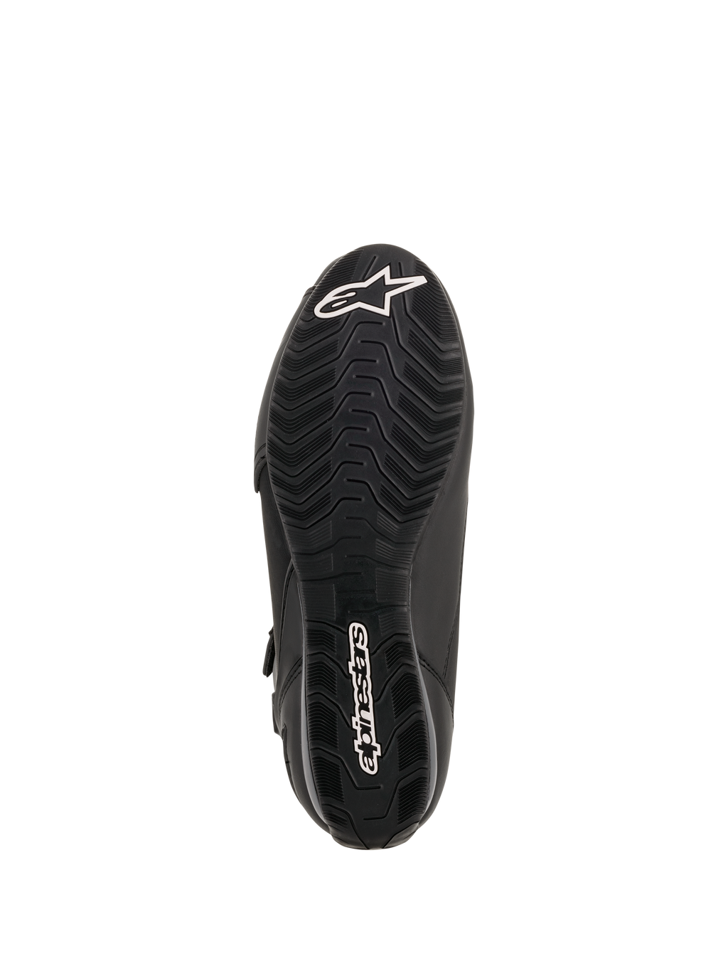 Alpinestars Faster-3 Drystar® Riding Shoes, sole view, black rubber with wavy textured tread pattern, white Alpinestars star logo on the toe and wordmark on the heel, technical motorcycle footwear.