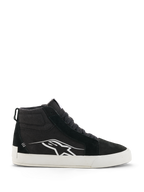 Alpinestars Ride-63 Canvas Shoes, Black and White High-Top Motorcycle Sneakers, Urban Casual Riding Footwear, Canvas and Suede Upper, Side Profile with White Astars Logo, Flat White Rubber Sole