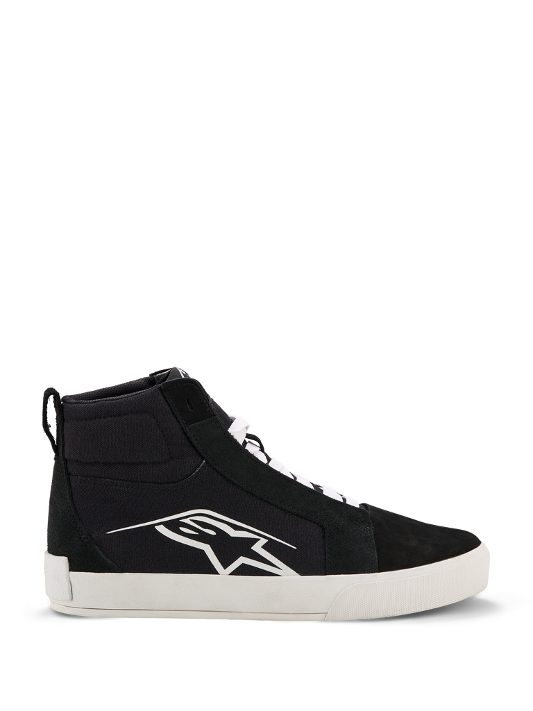 Alpinestars Ride-63 Canvas Shoes, Black High-Top Sneakers, Black and White, White Logo, Thick Flat Sole, White Laces, Pull Tab, Casual Motorsport Footwear