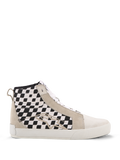Alpinestars Ride-63 Canvas Shoes, High-Top Urban Motorcycle Sneakers, White and Black Checkered Side Panels, Beige Suede Overlays, White Vulcanized Sole, Casual Motorsport-Inspired Footwear
