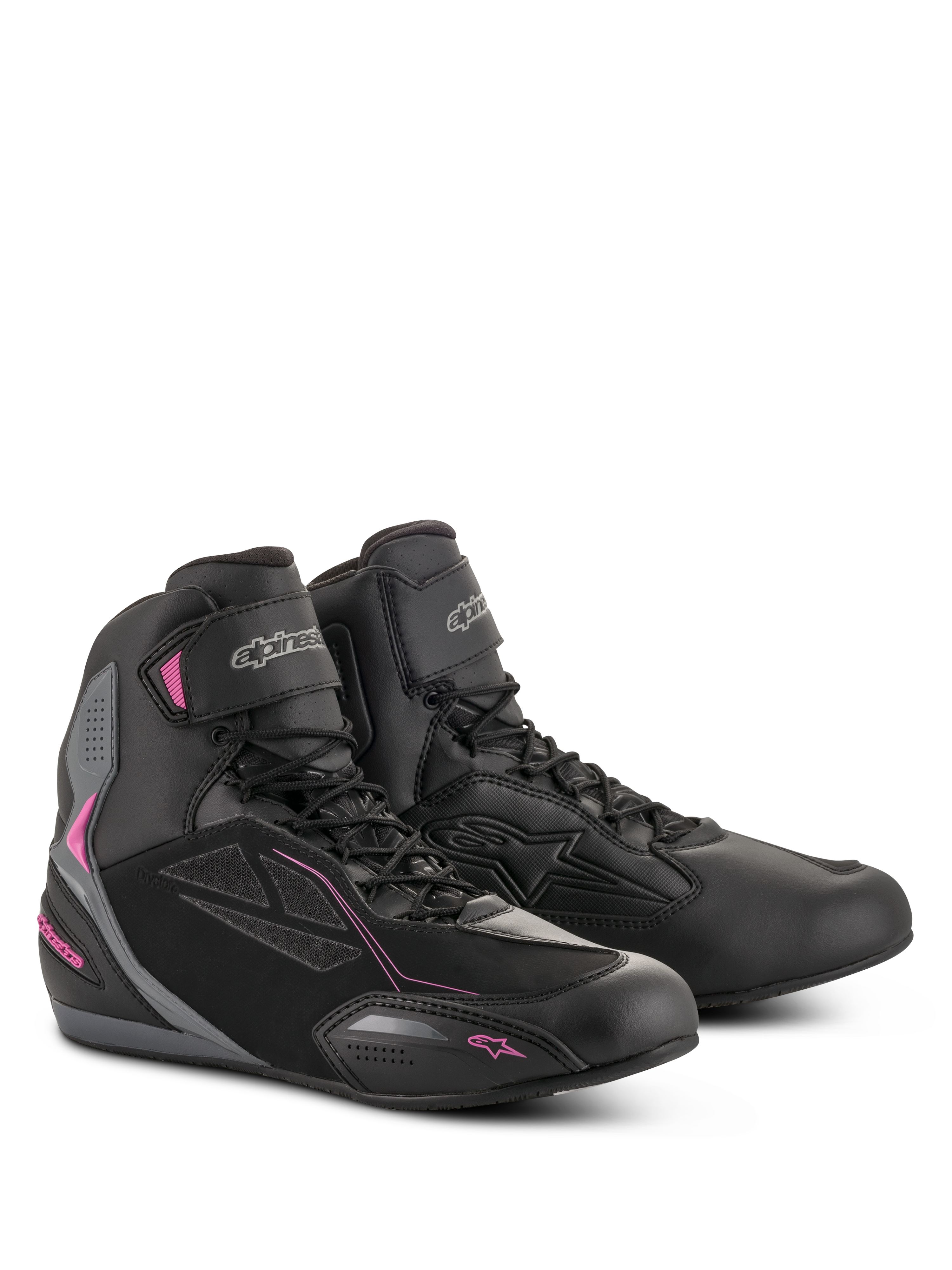 Alpinestars Stella Faster-3 Drystar Damenschuhe, Motorradschuhe, Schwarz, Dunkelgrau und Fuchsia, wasserdichte Konstruktion aus Mikrofaser und PU-Wildleder, Schnürverschluss mit Klettverschluss-Knöchelriemen, schlankes urbanes Sportdesign