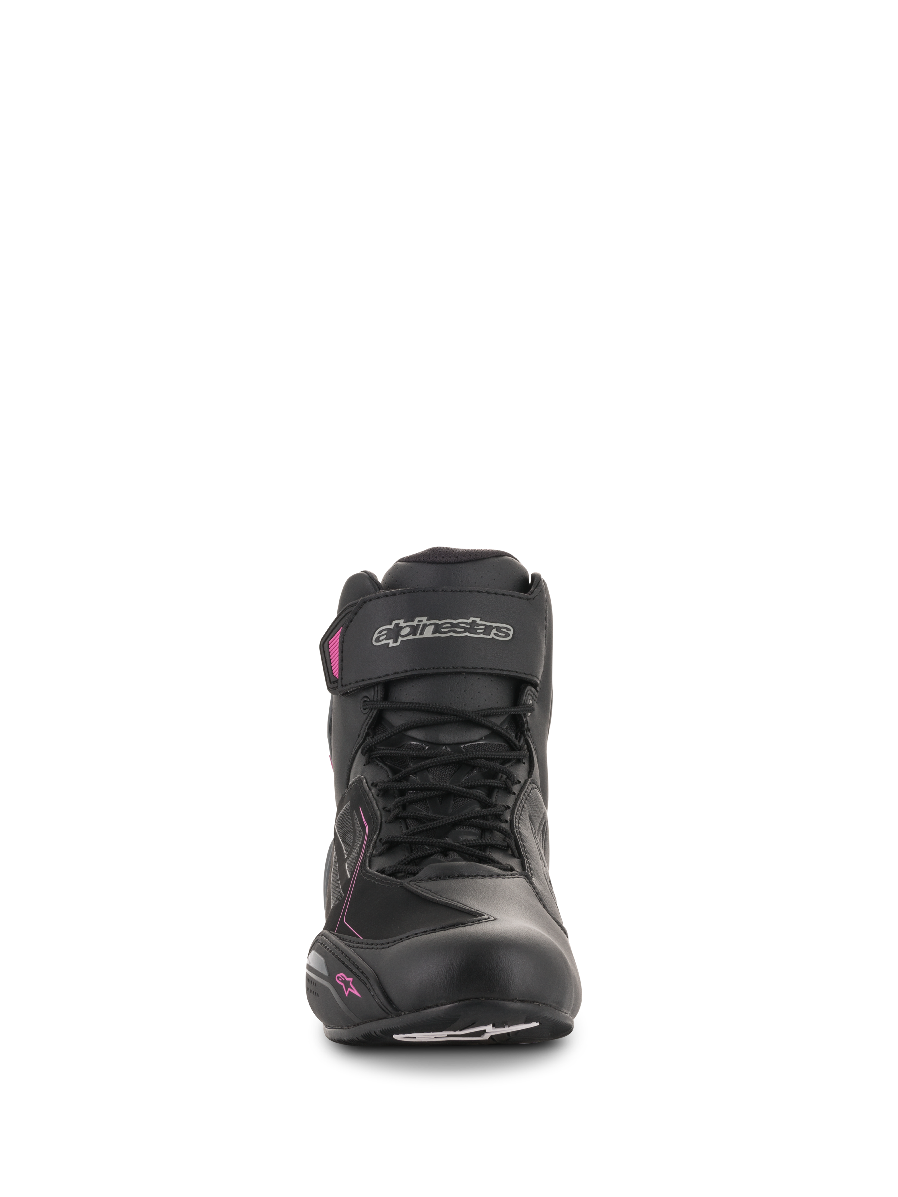 Alpinestars Stella Faster-3 Drystar® Damen-Schuhe, Motorradschuhe, Schwarz, Dunkelgrau und Fuchsia, Frontansicht mit Schnürverschluss, Knöchelriemen mit silbernem Logo und pinkfarbenen Akzenten auf einem femininen Profil