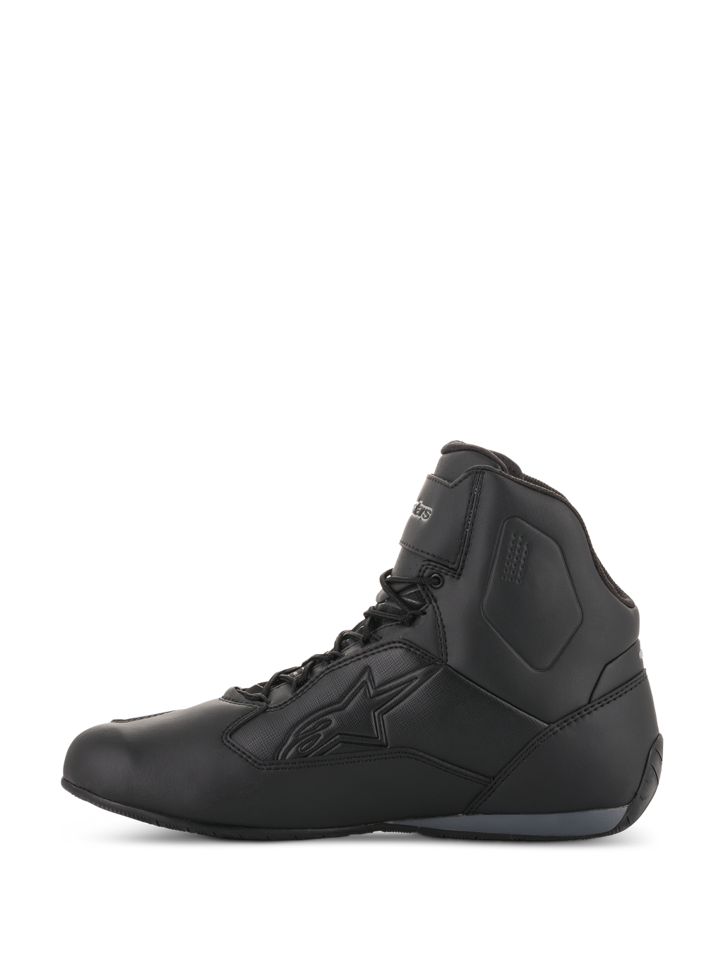 Alpinestars Stella Faster-3 Drystar® Damenschuhe, Schwarz und Dunkelgrau, wasserdichte Motorradschuhe, Seitenansicht mit strapazierfähigem Mikrofaser-Chassis, Schnürverschluss mit Knöchelriemen und geprägtem Alpinestars-Logo.