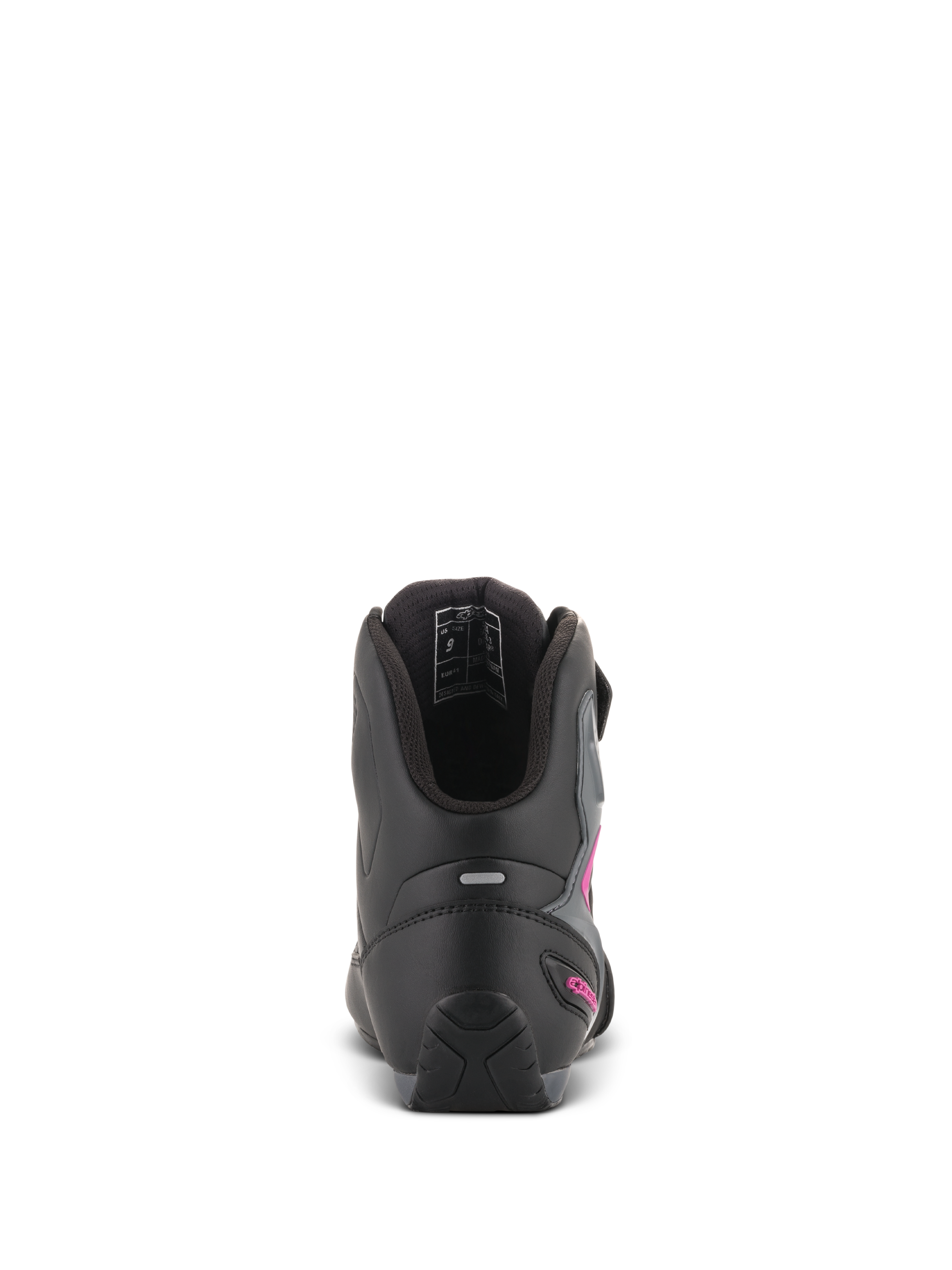 Alpinestars Damen Stella Faster-3 Drystar® Schuhe, Schwarz Dunkelgrau Fuchsia, Rückansicht der Ferse mit reflektierendem Streifen und fuchsiafarbenem Logo, wasserdichte Motorradschuhe mit strukturierter Sohle und gepolstertem Kragen