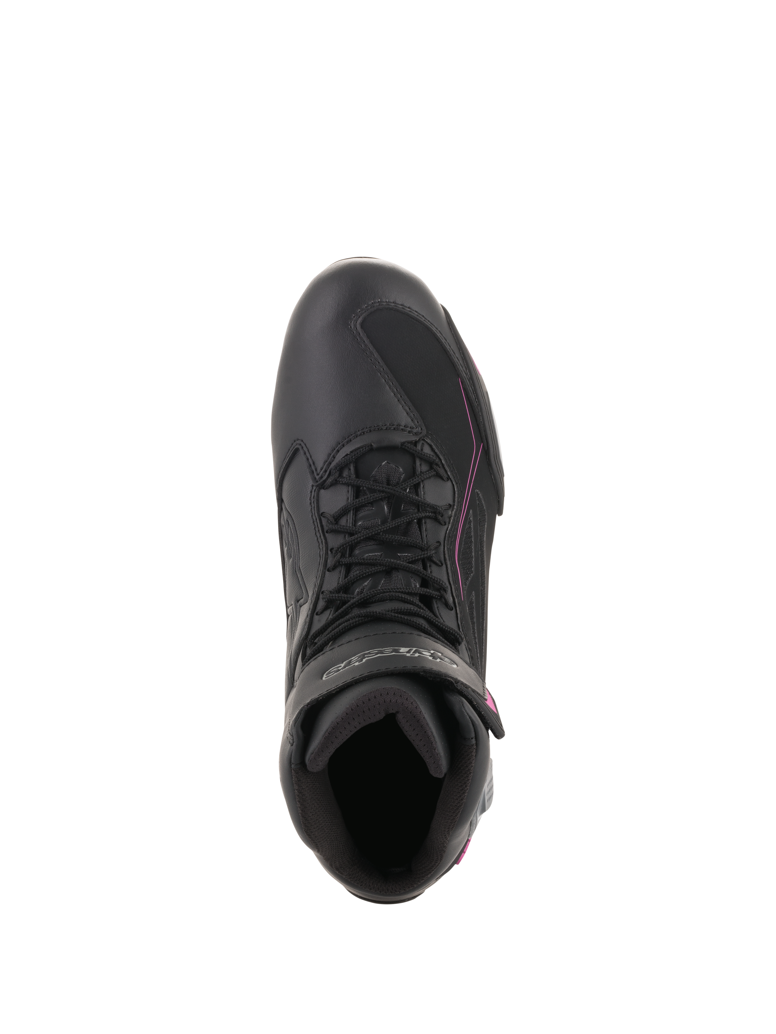 Alpinestars Stella Faster-3 Drystar® Damenschuhe, wasserdichte Motorradschuhe, Schwarz, Dunkelgrau und Fuchsia, Draufsicht mit Schnürverschluss und Klettverschlussriemen, stromlinienförmiges schützendes Schuhwerk für urbane Fahrten.