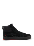 Alpinestars Ride-63 Leather Shoes, Urban Motorcycle Shoes, Black and Bright Red, skate-inspired high-top profile, premium leather and nubuck upper, black vulcanized sole with bright red bottom, subtle logo on the side, casual motorcycle streetwear