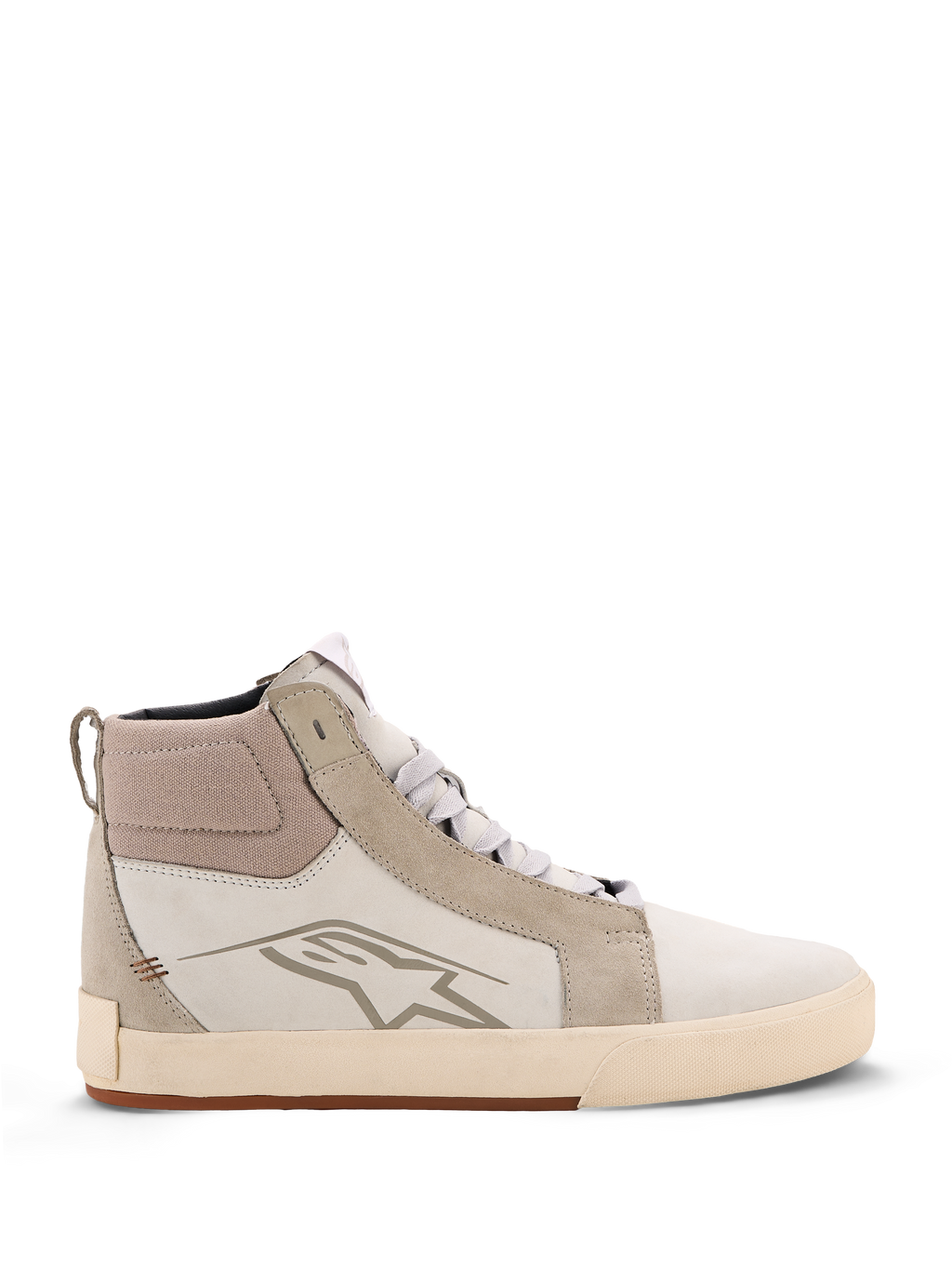 Alpinestars Ride-63 Lederschuhe, Urbane Motorradschuhe, Off-White und Cool Gray mit Gummisohle, High-Top-Design mit Leder- und Wildledereinsätzen, Alpinestars Stern-Logo an der Seite und texturierte vulkanisierte Gummilaufsohle.