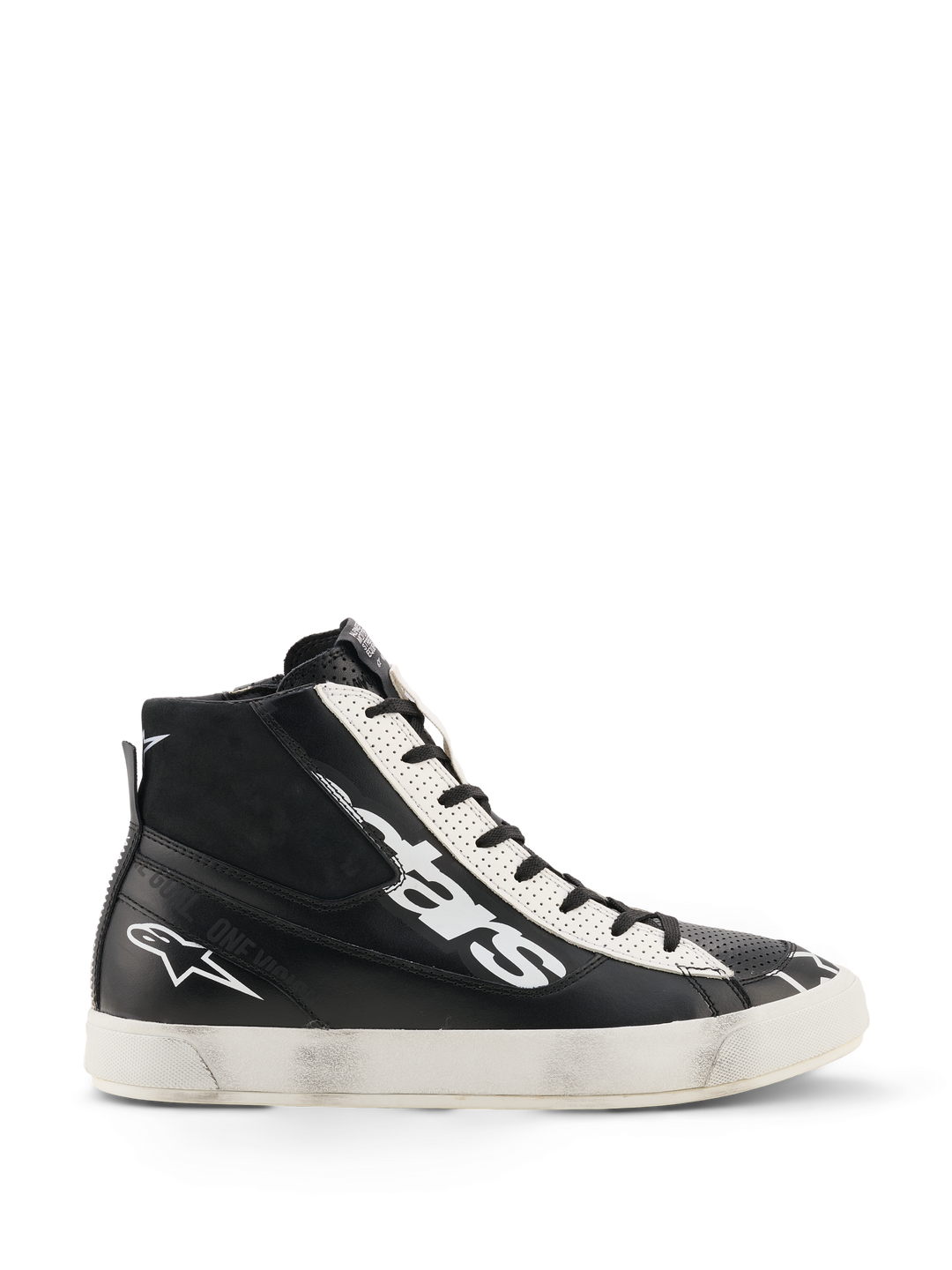 Alpinestars Stated Flair Shoes, Urban Motorcycle Riding Shoes, Black and White, high-top leather construction with large white logo on the side, white perforated eyelet panel, lateral zip closure, and a white rubber sole with a vintage worn patina