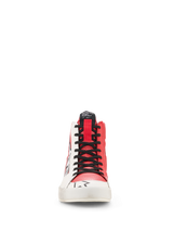 Alpinestars Stated Flair Shoes, Urban Riding Shoes, White and Bright Red, front view featuring asymmetrical color blocking, perforated leather construction, black laces, and high-top design with heritage racing style.