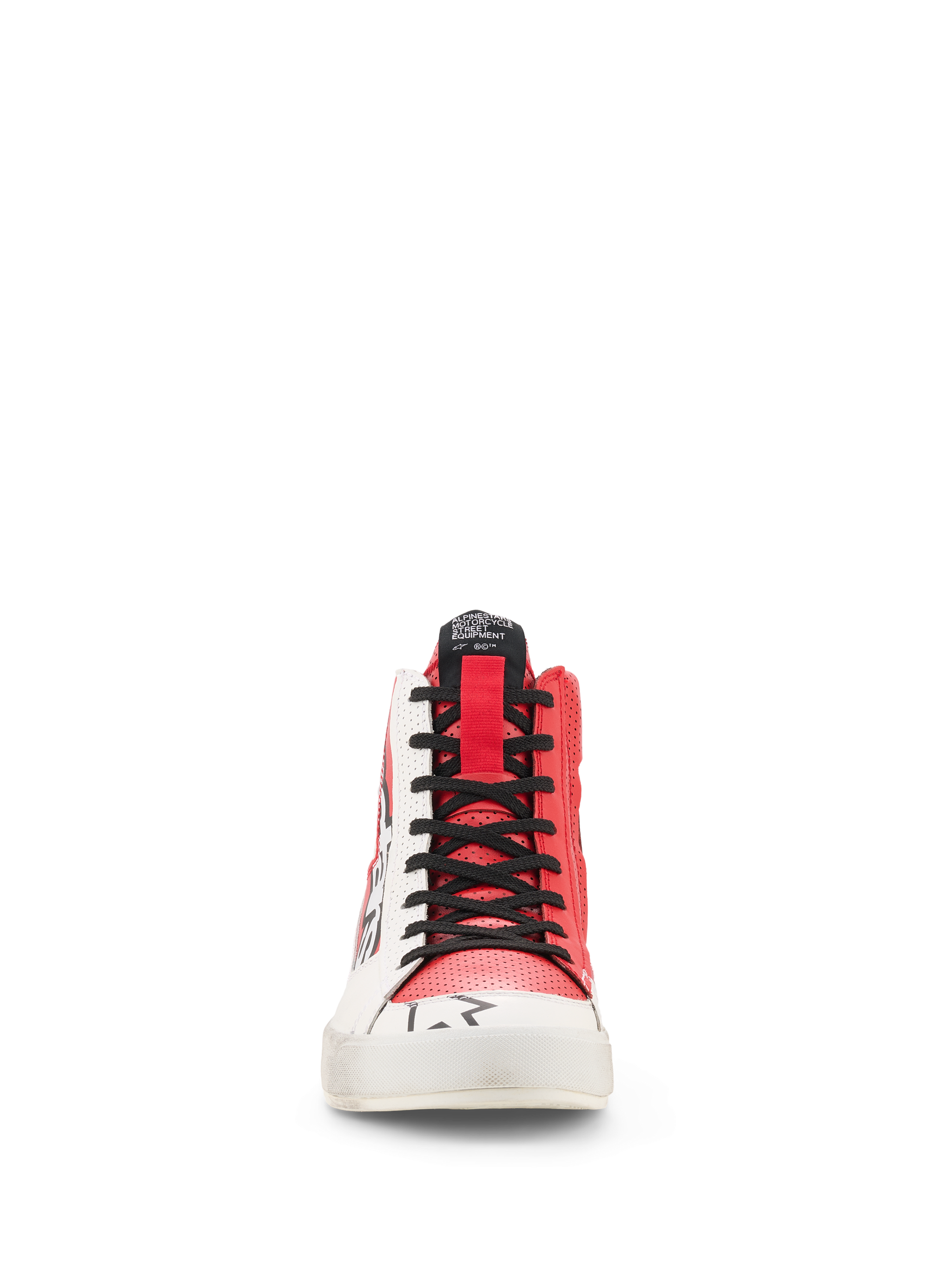 Alpinestars Stated Flair Shoes, Urban Riding Shoes, White and Bright Red, front view featuring asymmetrical color blocking, perforated leather construction, black laces, and high-top design with heritage racing style.