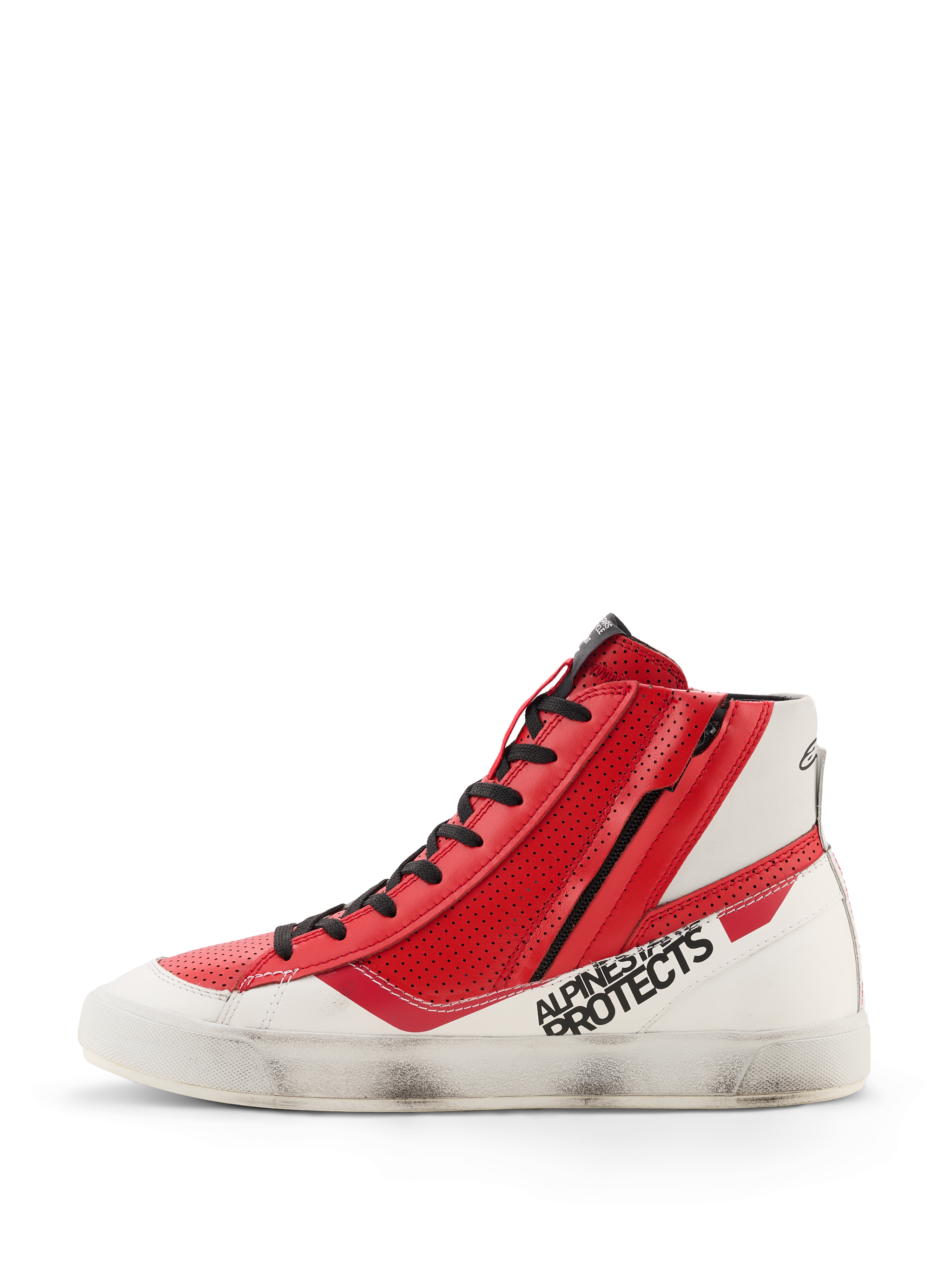 Alpinestars Stated Flair Shoes, Urban Motorcycle Riding Shoes, White and Bright Red, high-top design featuring perforated leather panels, lateral zipper, 'Alpinestars Protects' side branding, white vulcanized sole with hand-applied worn finish, heritage racing style.