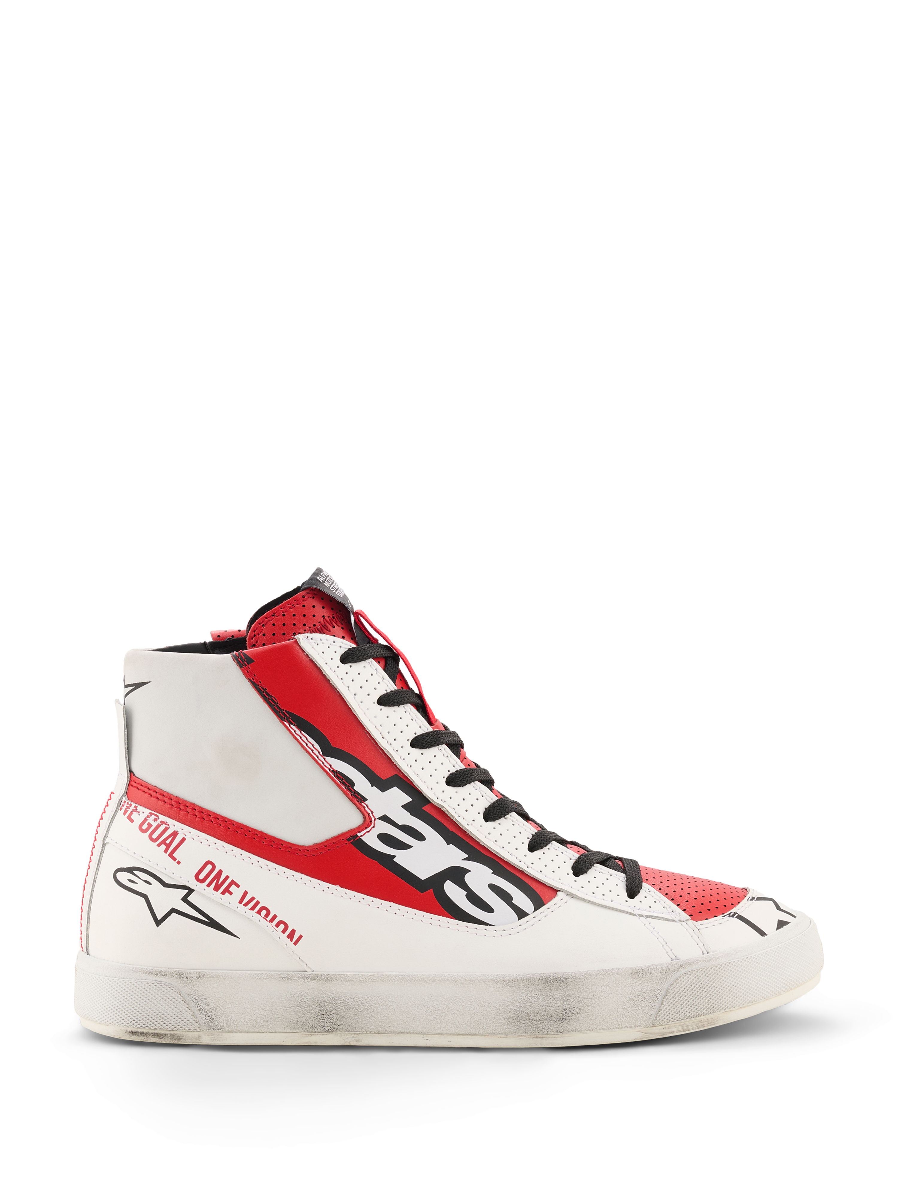 Alpinestars Stated Flair Schuhe, High-Top-Motorradschuhe, Weiß und Bright Red, hochwertige Lederkonstruktion mit handaufgetragenem Used-Look auf der weißen Sohle, großes schwarzes Alpinestars-Logo an der Seite, rote Einsätze und Text an der Ferse, Vintage-inspirierte Rennsport-Optik