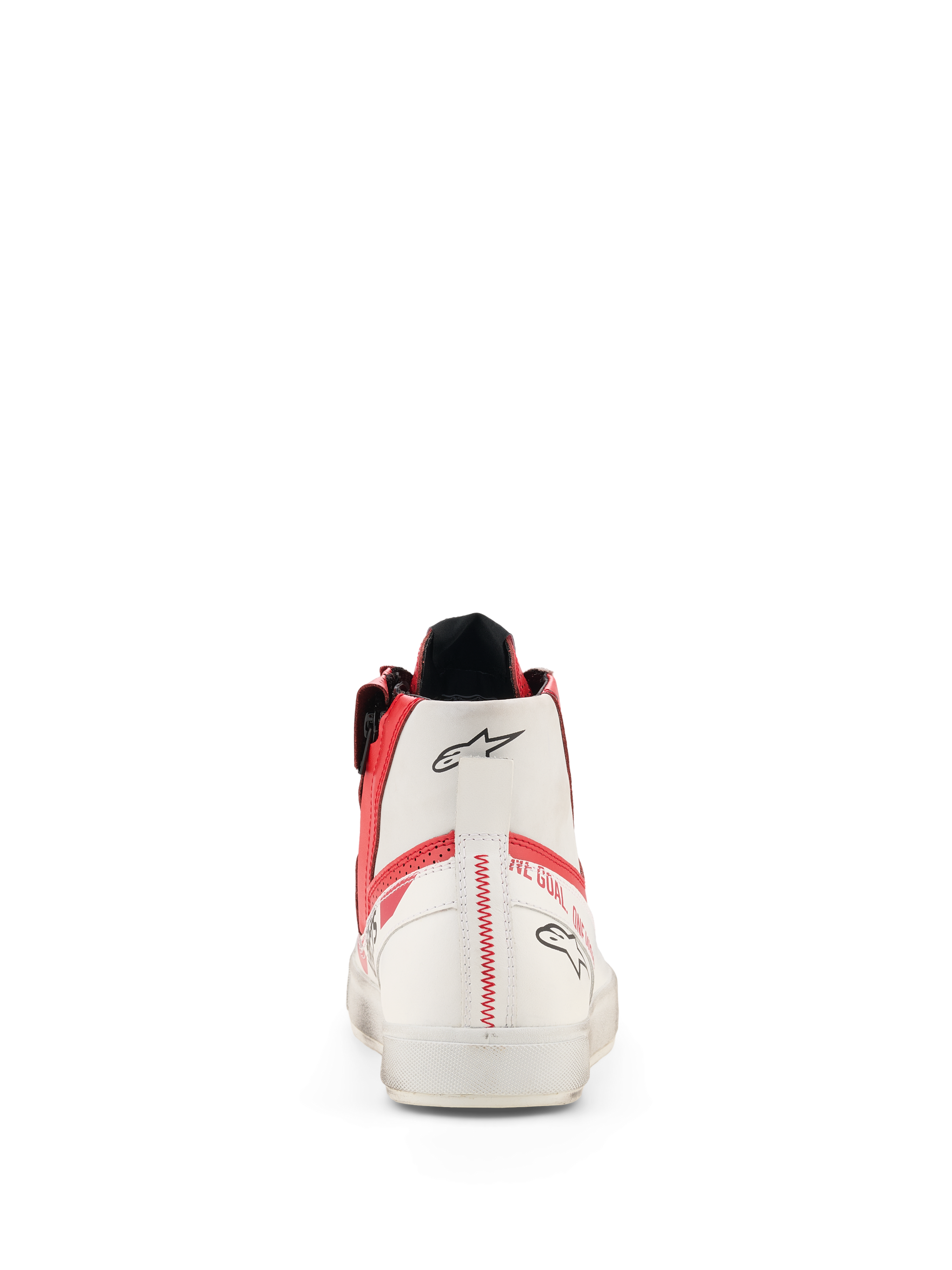 Alpinestars Stated Flair Shoes, Urban Motorcycle Riding Shoes, White and Bright Red, rear view of high-top design with red accents, vertical red zigzag stitching on the heel, side zipper, and black Alpinestars logos on a premium leather upper.